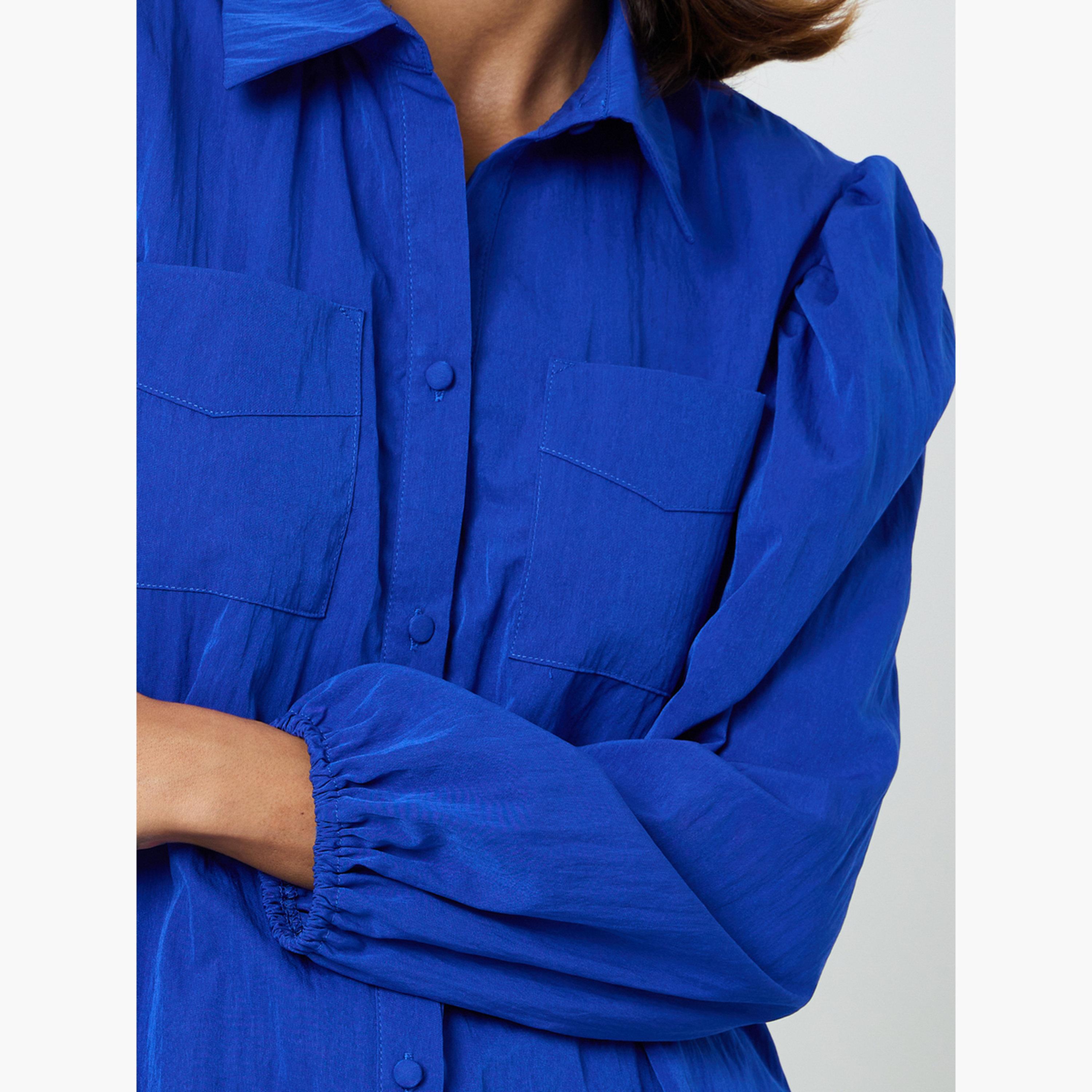 Take Two Dark Blue Regular Fit Button-Up Shirt with Pockets-women-clothing-shirtsandblouses-shirts-image-5