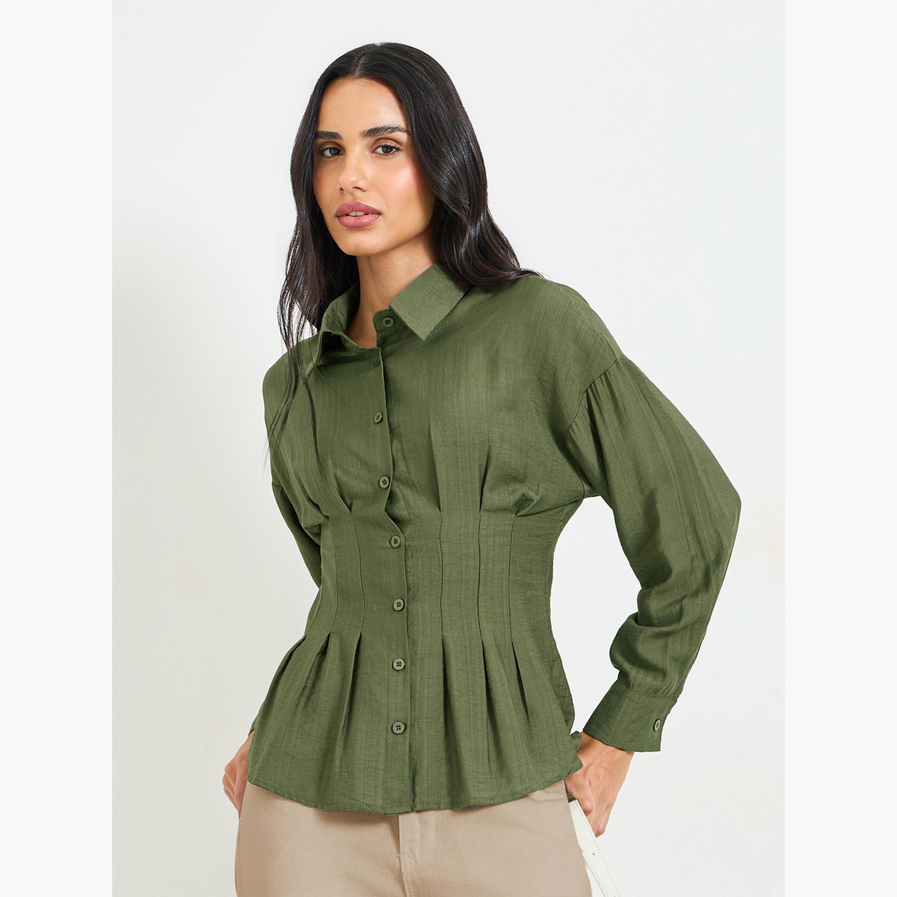 Take Two Olive Green Long Sleeve Regular Fit Shirt with Pleated Waist Detail-women-clothing-shirtsandblouses-shirts-image-1