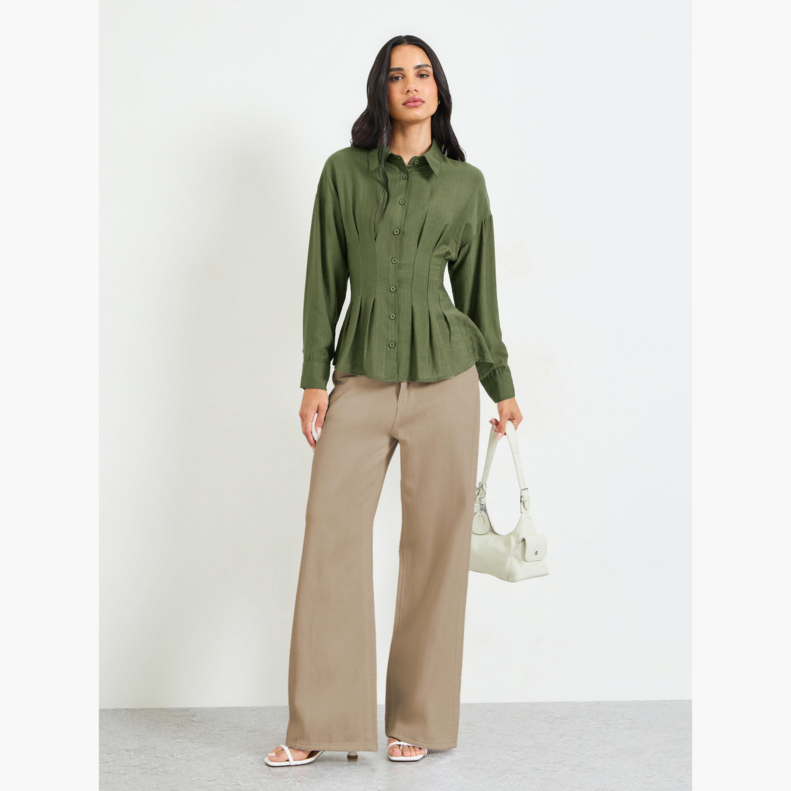 Take Two Olive Green Long Sleeve Regular Fit Shirt with Pleated Waist Detail-women-clothing-shirtsandblouses-shirts-image-2