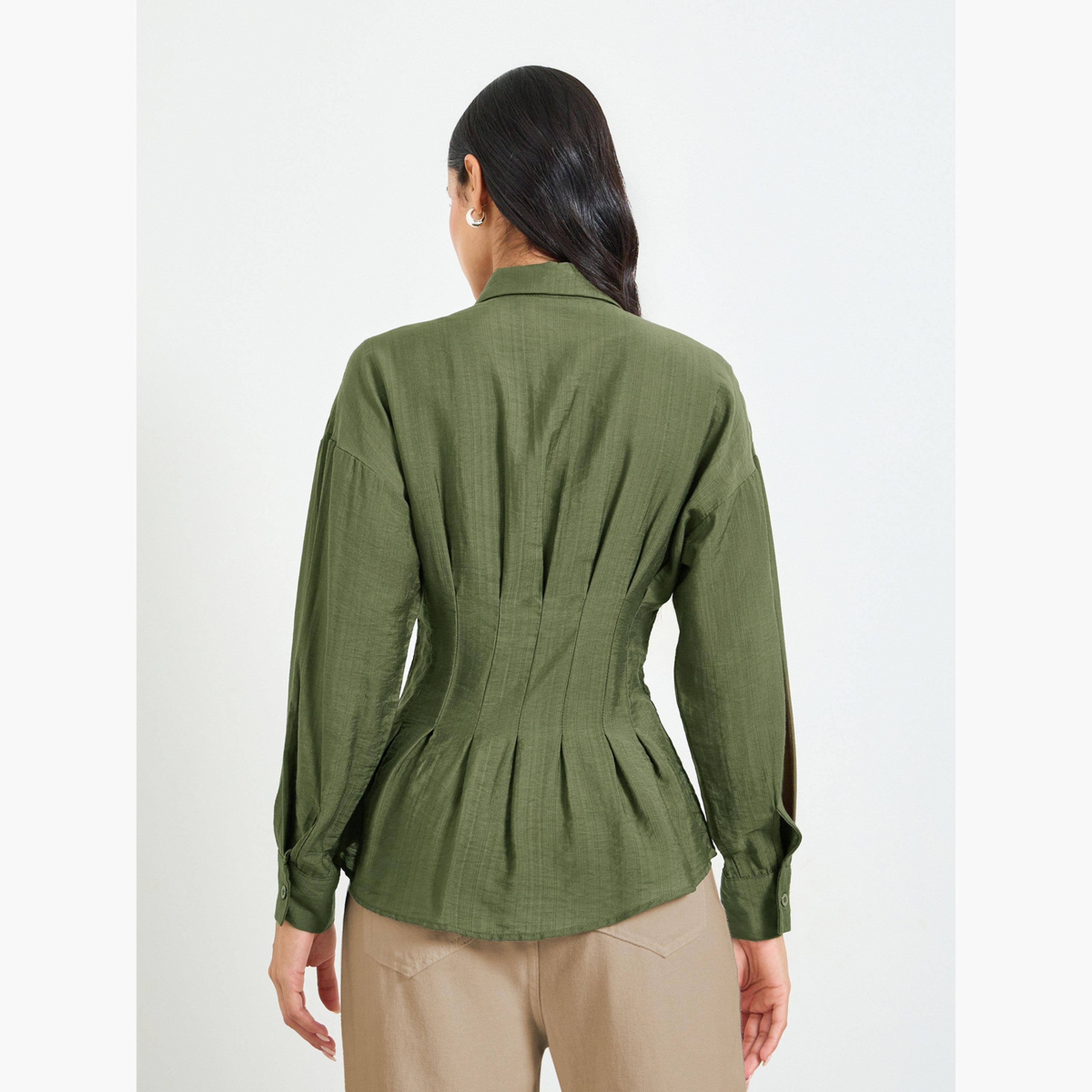 Take Two Olive Green Long Sleeve Regular Fit Shirt with Pleated Waist Detail-women-clothing-shirtsandblouses-shirts-image-3