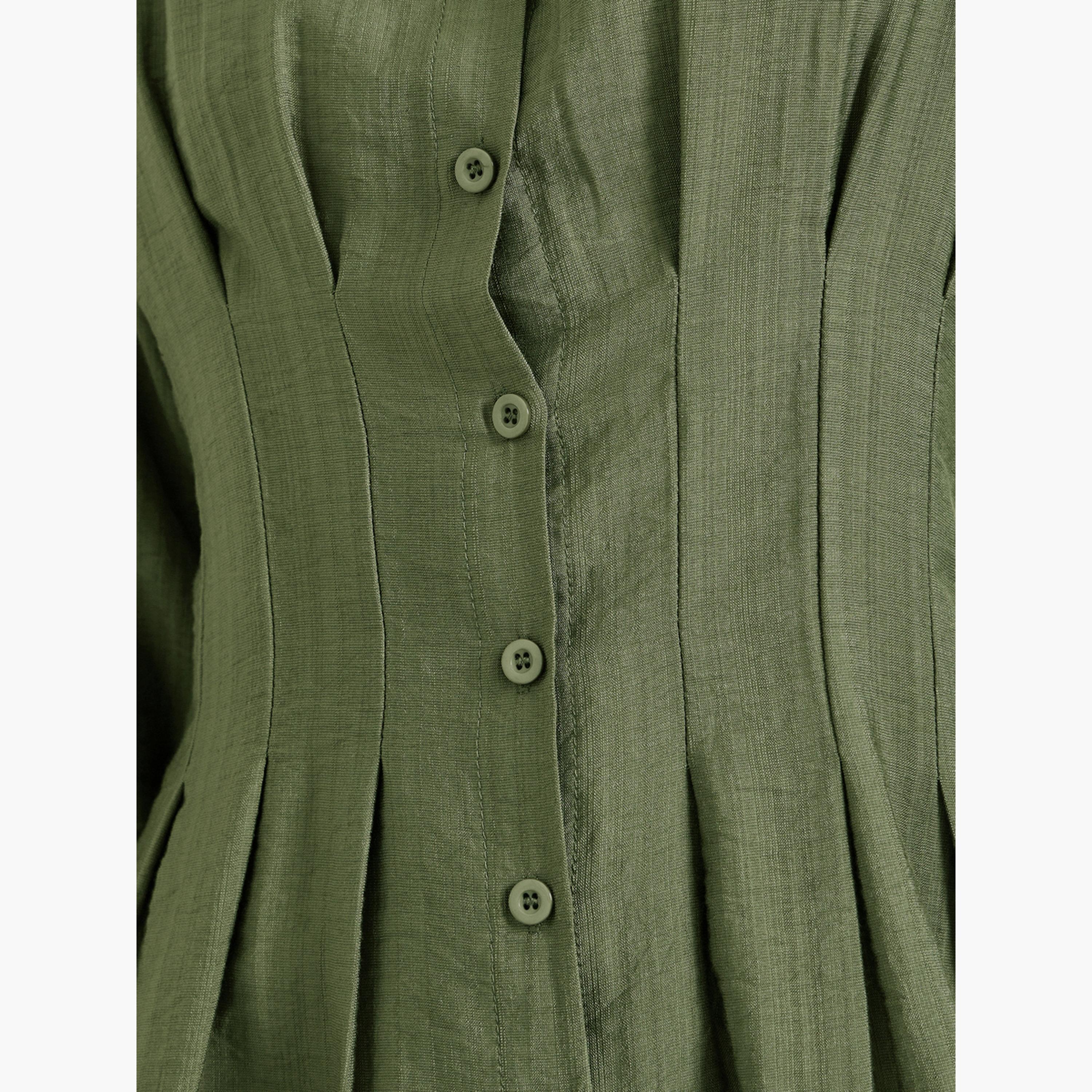 Take Two Olive Green Long Sleeve Regular Fit Shirt with Pleated Waist Detail-women-clothing-shirtsandblouses-shirts-image-4