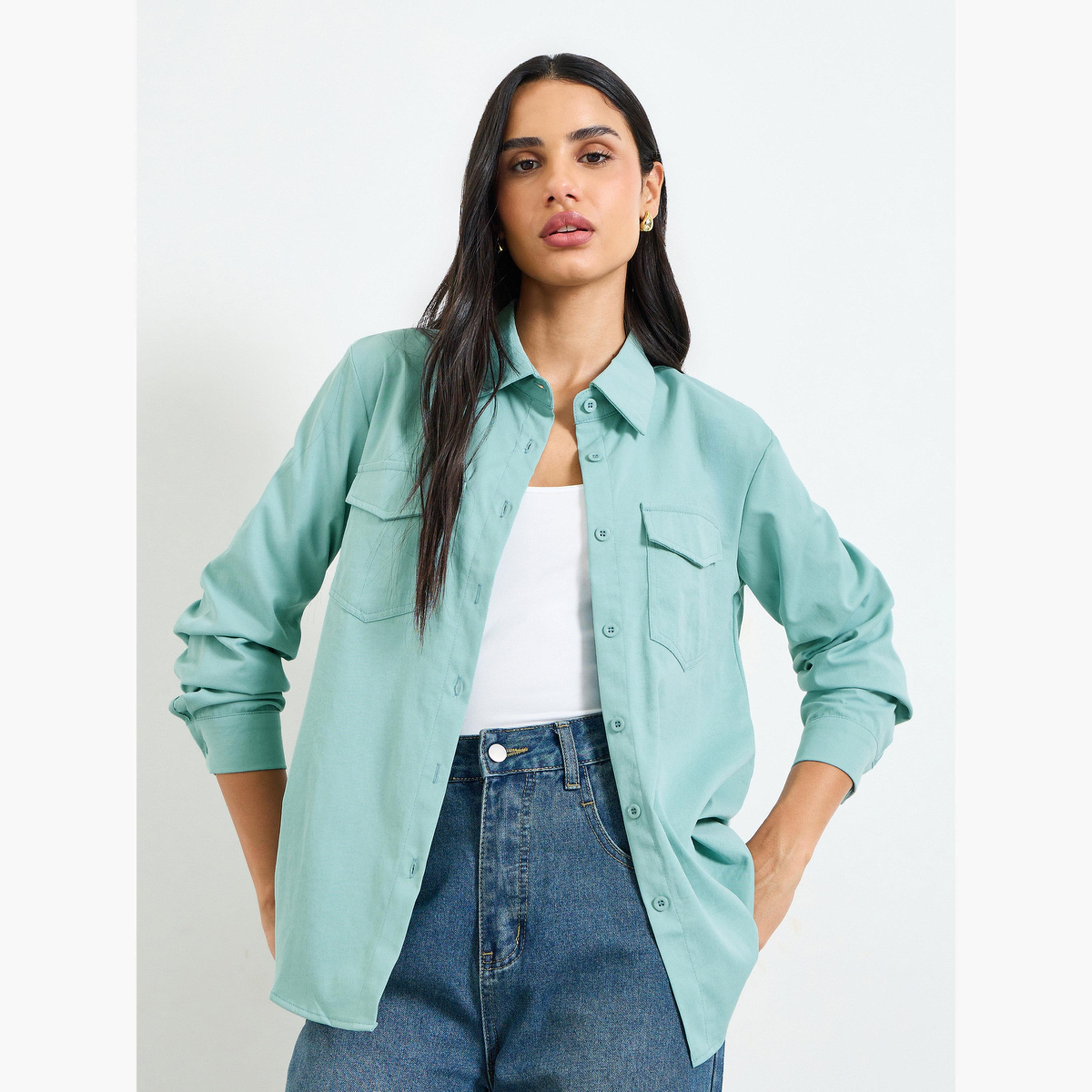 Take Two Olive Green Long Sleeve Utility Shirt-women-clothing-shirtsandblouses-shirts-image-4
