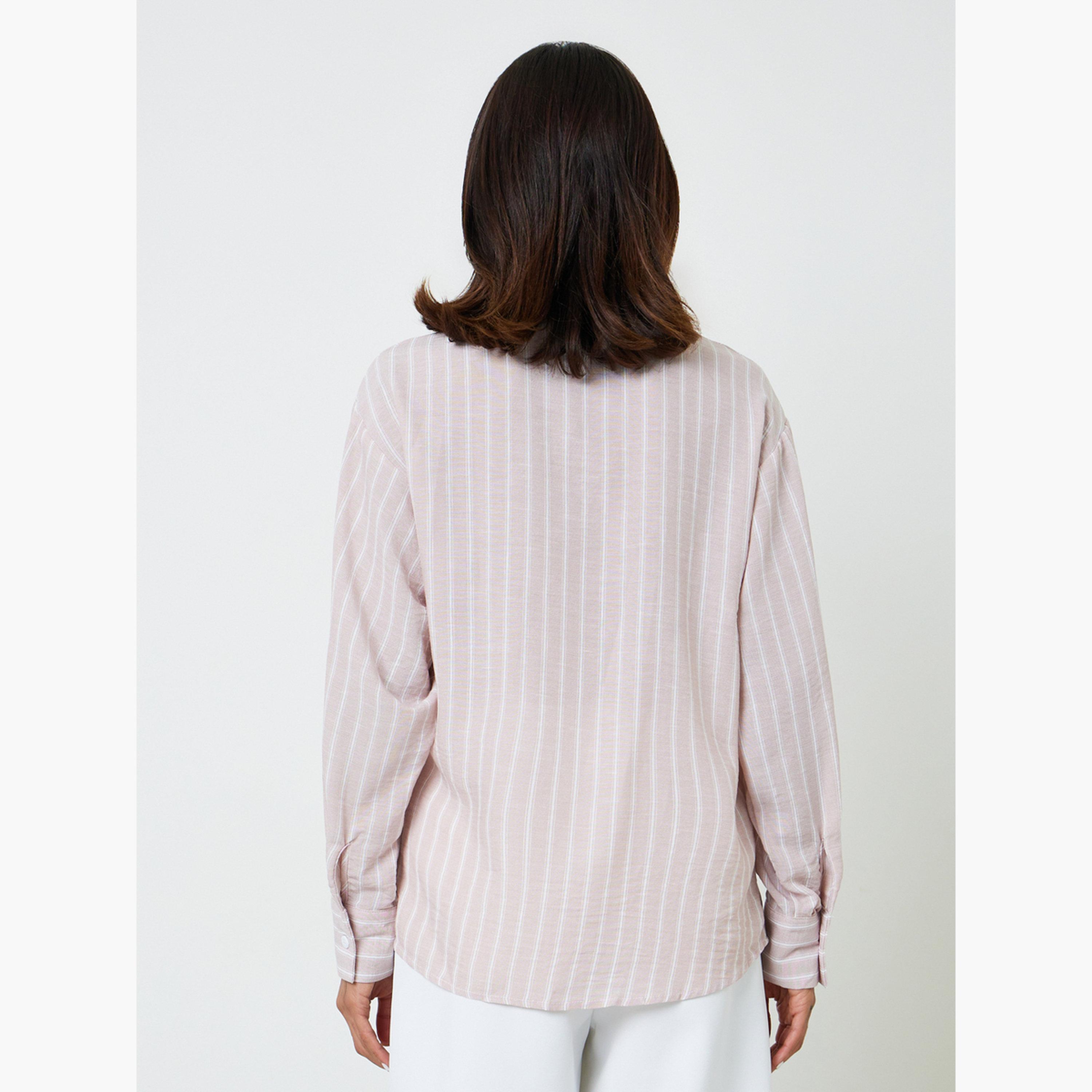 بلوزة بأزرار أمامي بتصميم غير متماثل وأكمام طويلة ومخططة باللون الوردي-women-clothing-shirtsandblouses-shirts-image-3