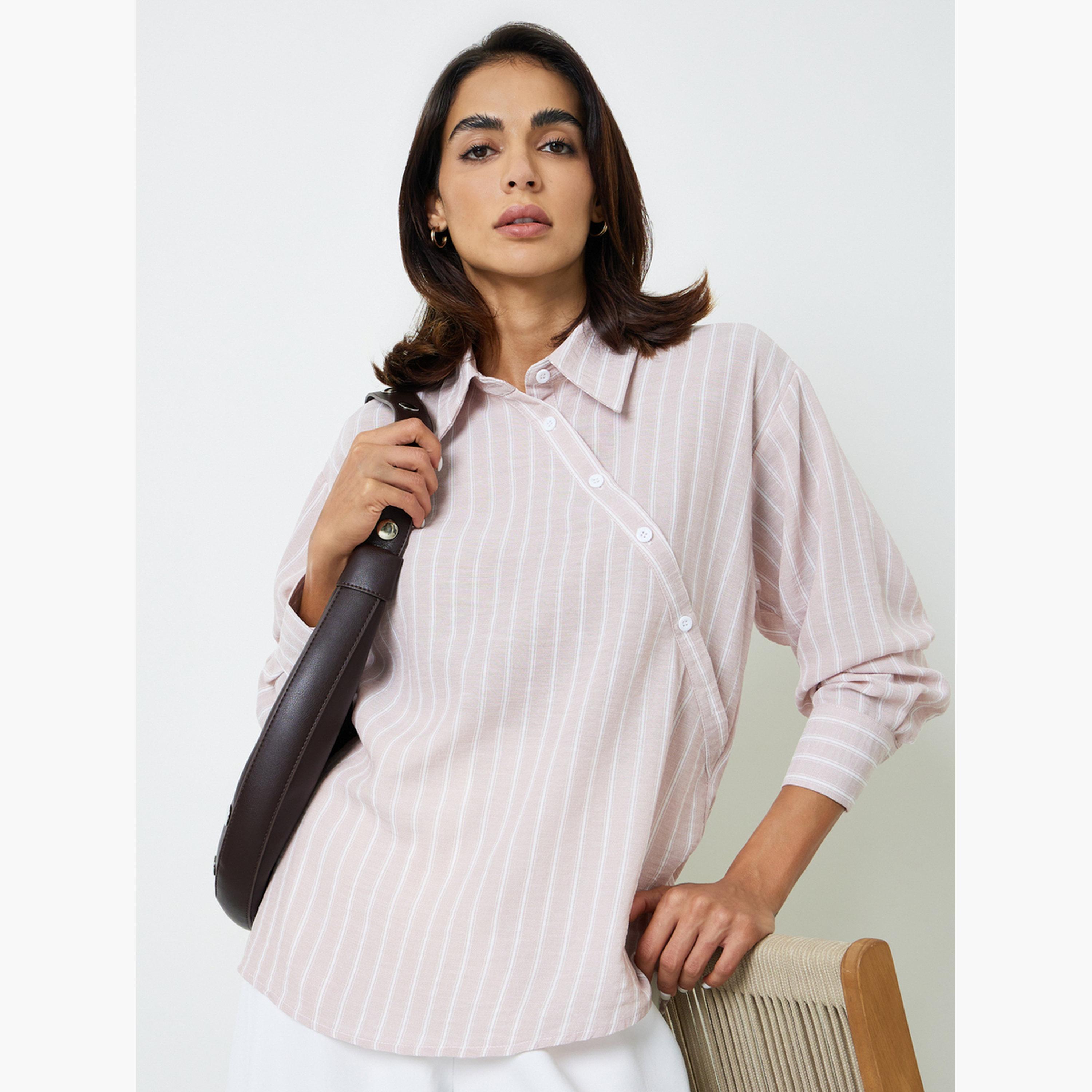 بلوزة بأزرار أمامي بتصميم غير متماثل وأكمام طويلة ومخططة باللون الوردي-women-clothing-shirtsandblouses-shirts-image-4