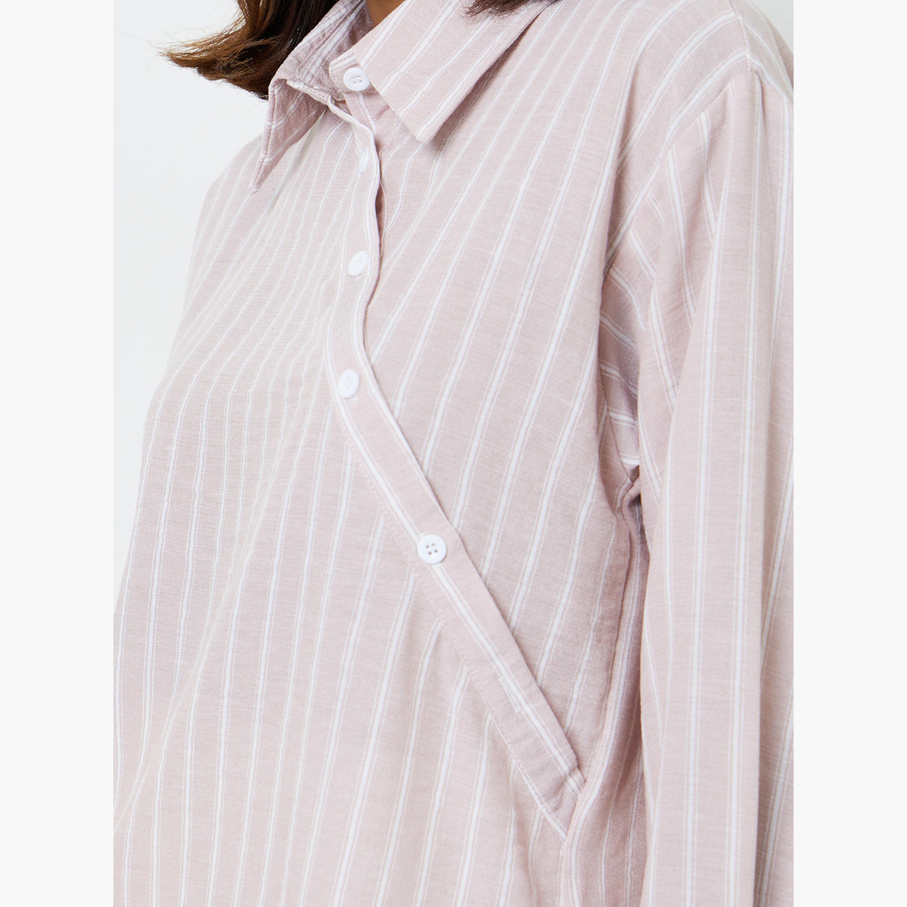 بلوزة بأزرار أمامي بتصميم غير متماثل وأكمام طويلة ومخططة باللون الوردي-women-clothing-shirtsandblouses-shirts-image-5