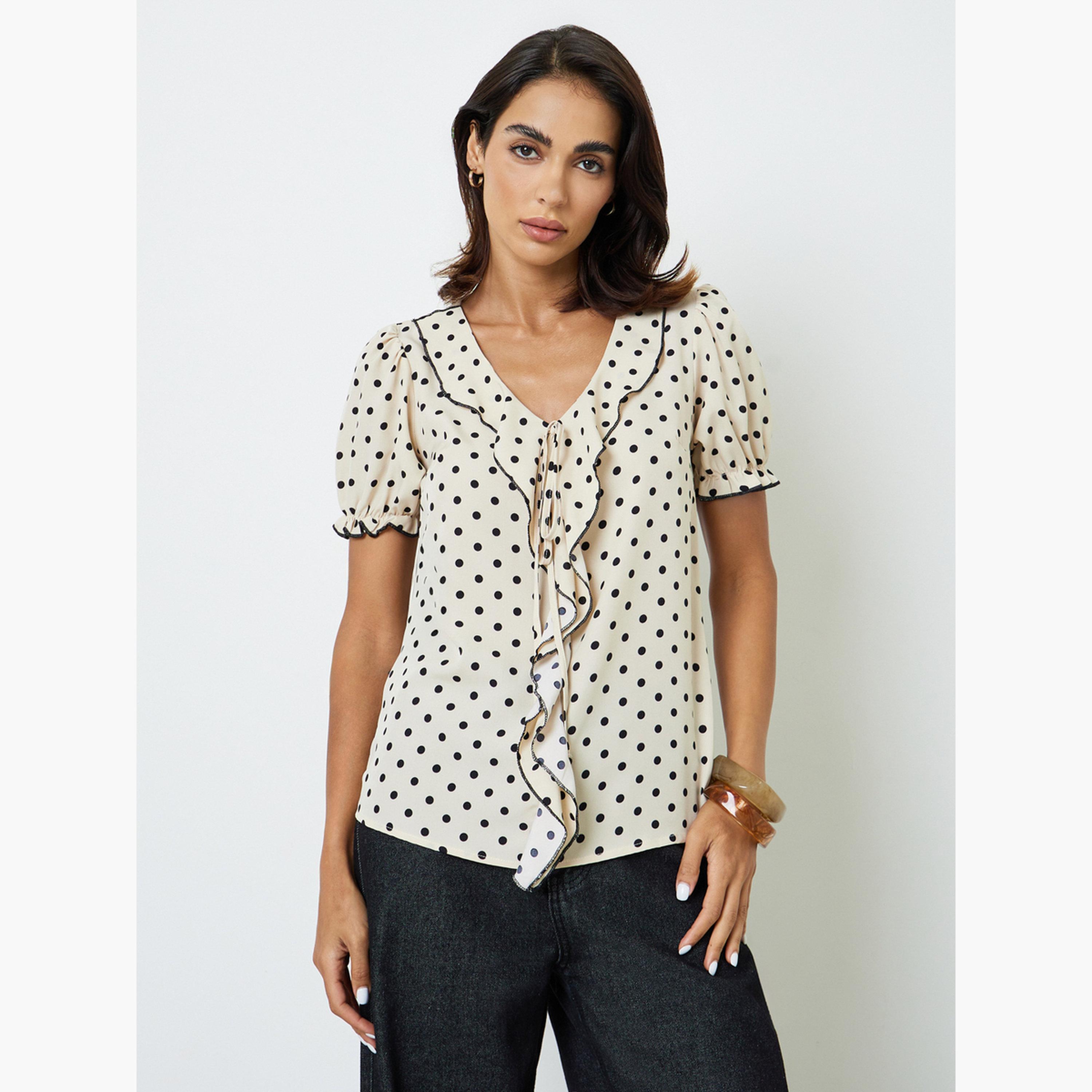 Take Two Polka Dot Ruffle Blouse with Short Sleeve-women-clothing-shirtsandblouses-blouses-image-1