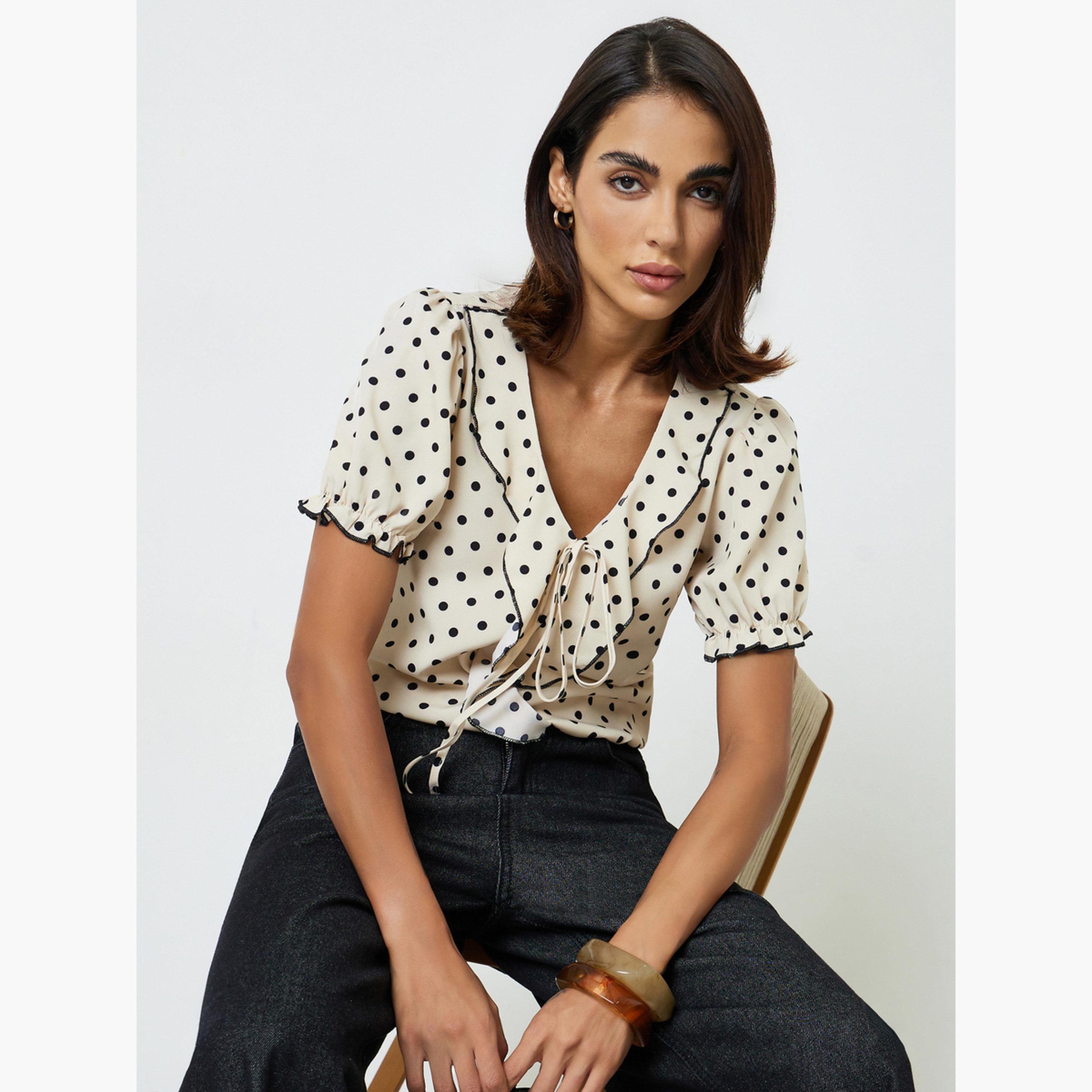 Take Two Polka Dot Ruffle Blouse with Short Sleeve-women-clothing-shirtsandblouses-blouses-image-4