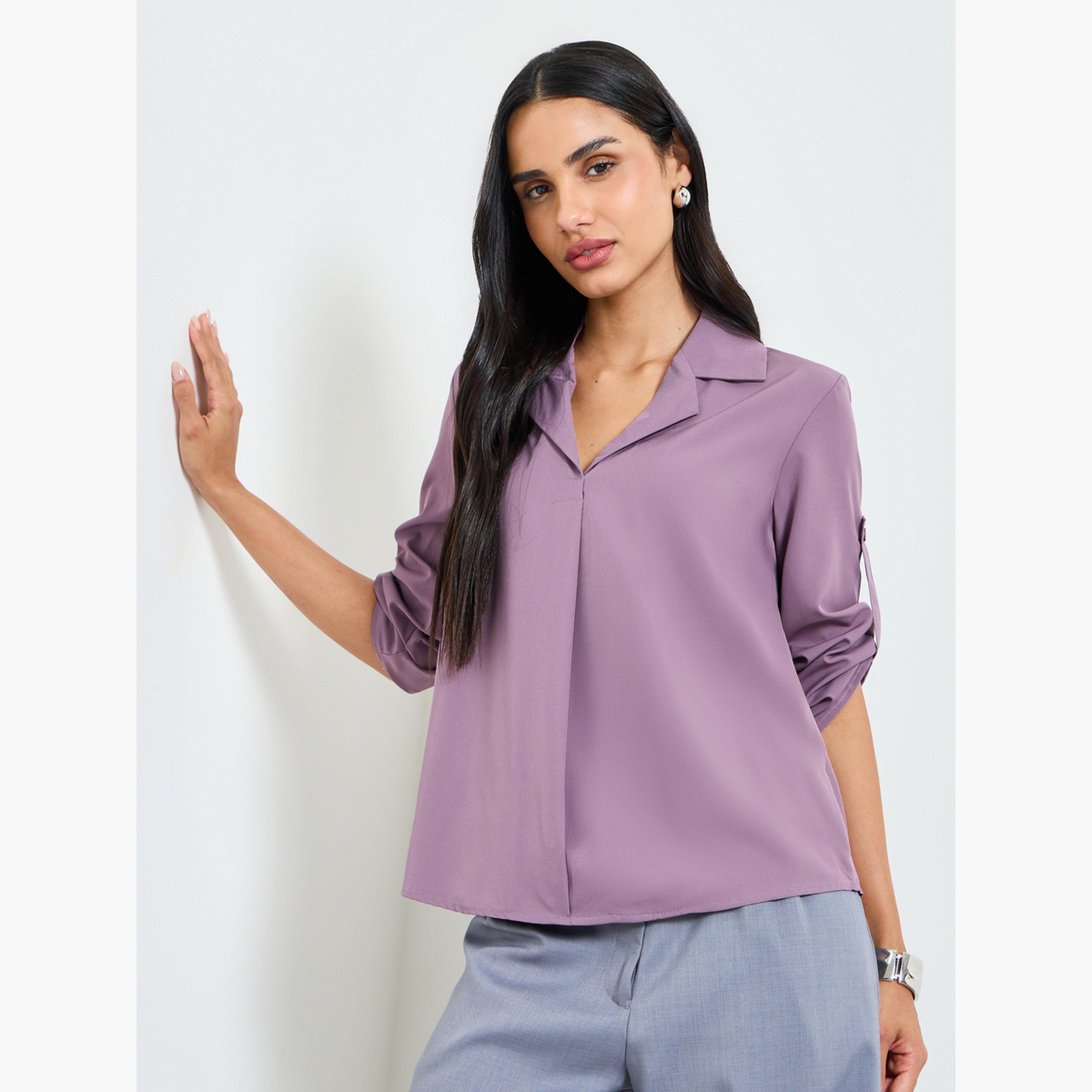 بلوزة بأكمام 3/4 باللون البنفسجي-women-clothing-shirtsandblouses-blouses-image-1