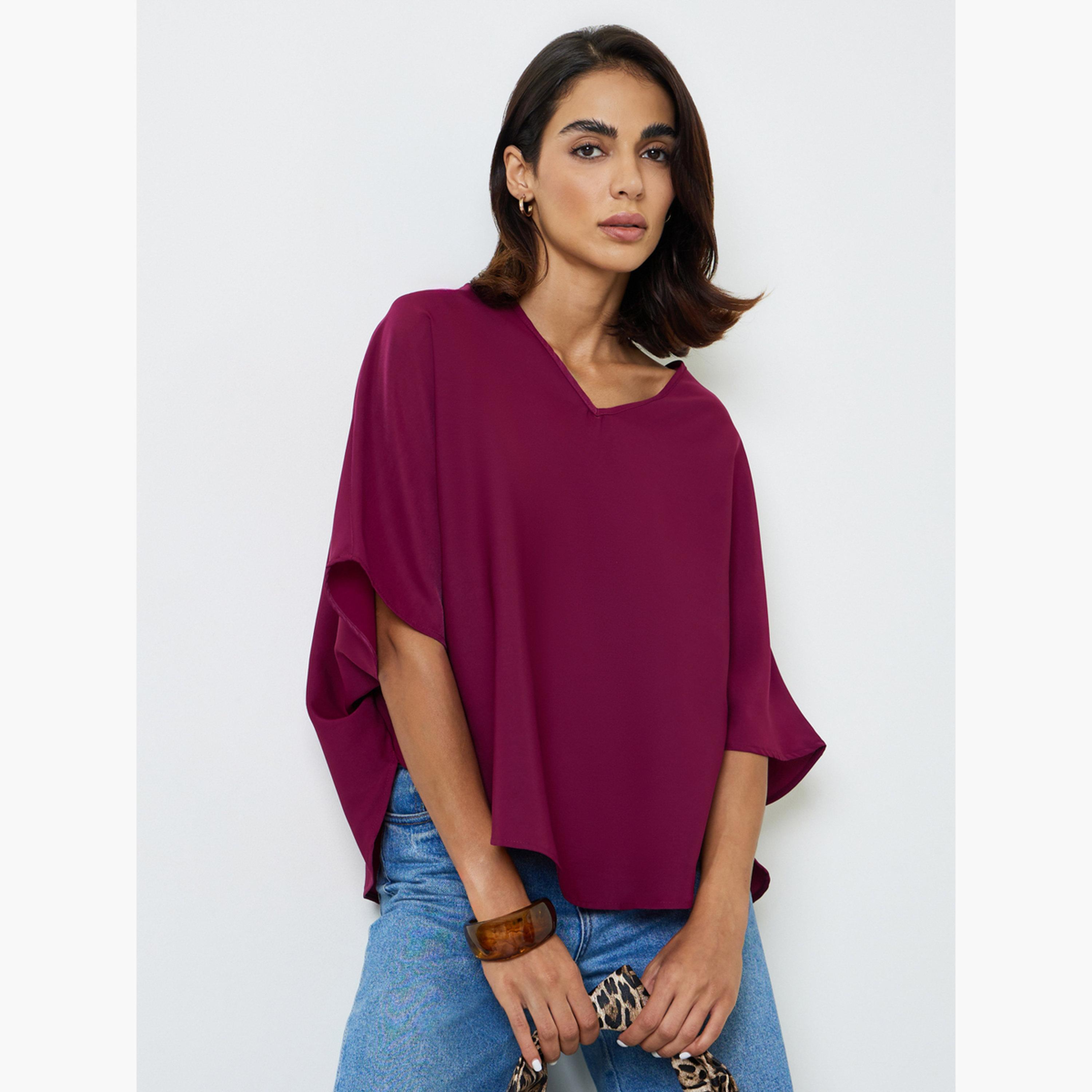 بلوزة بأكمام 3/4 بنفسجي-women-clothing-shirtsandblouses-blouses-image-1