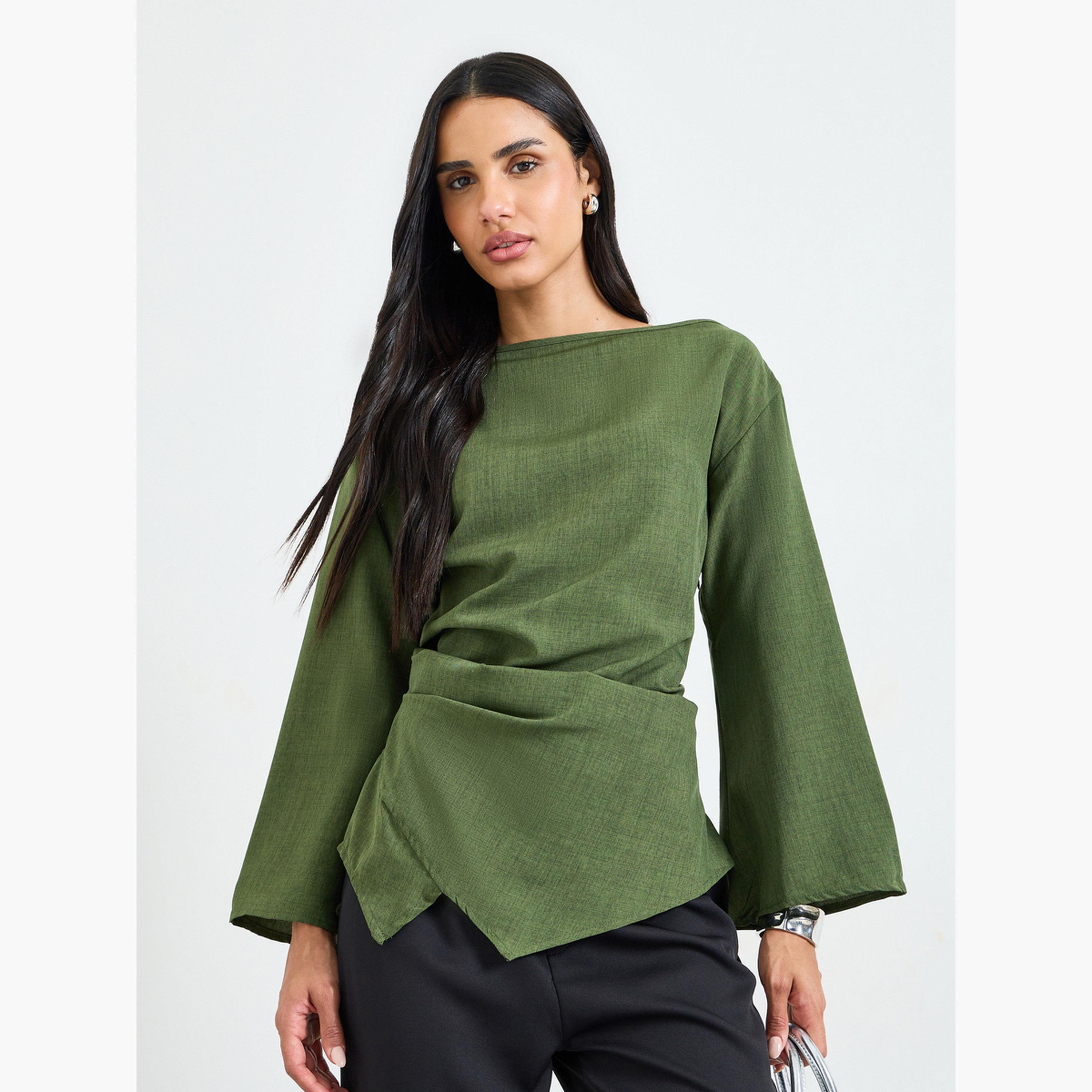 بلوزة بأكمام طويلة وياقة واسعة باللون الأخضر الزيتي-women-clothing-shirtsandblouses-blouses-image-1