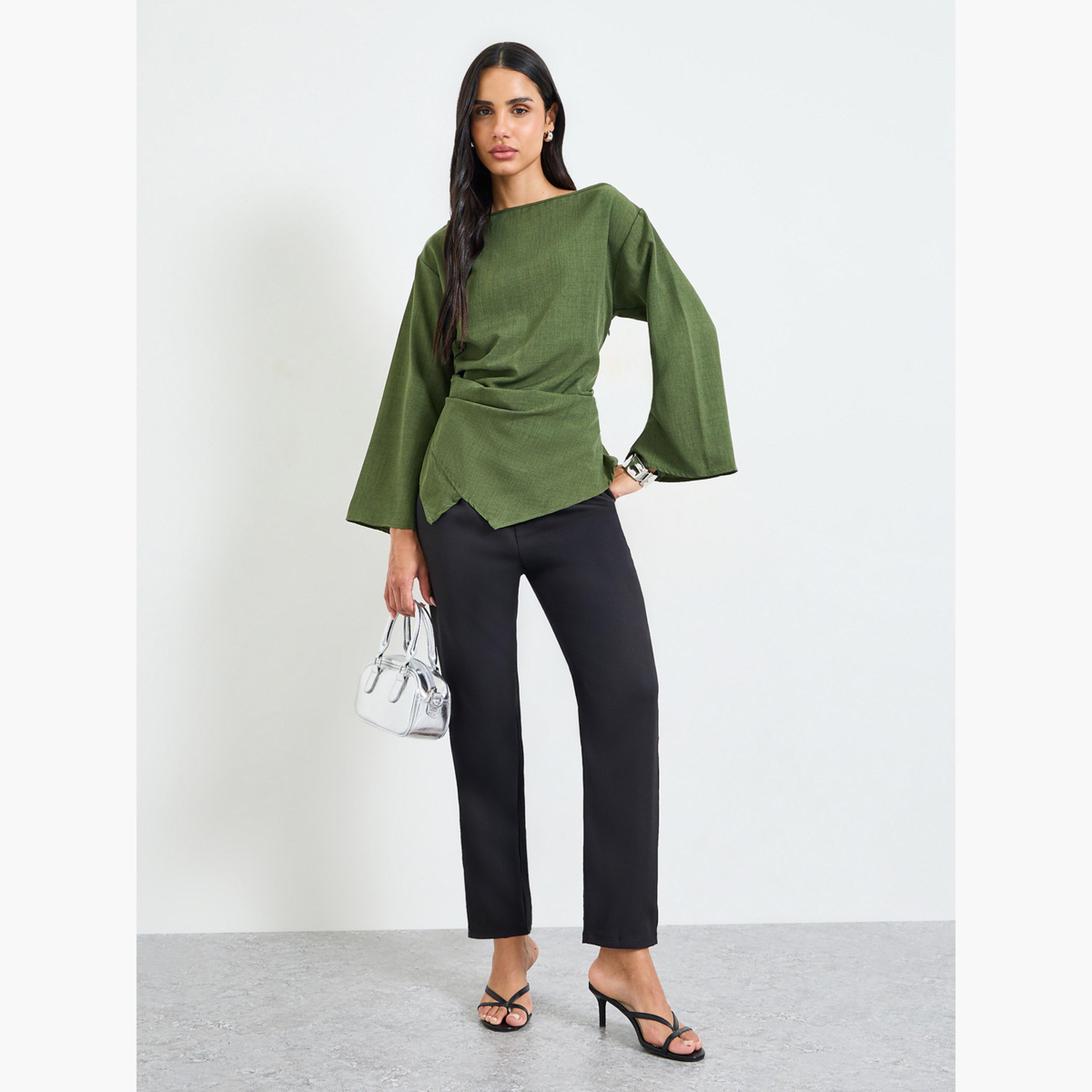 بلوزة بأكمام طويلة وياقة واسعة باللون الأخضر الزيتي-women-clothing-shirtsandblouses-blouses-image-2