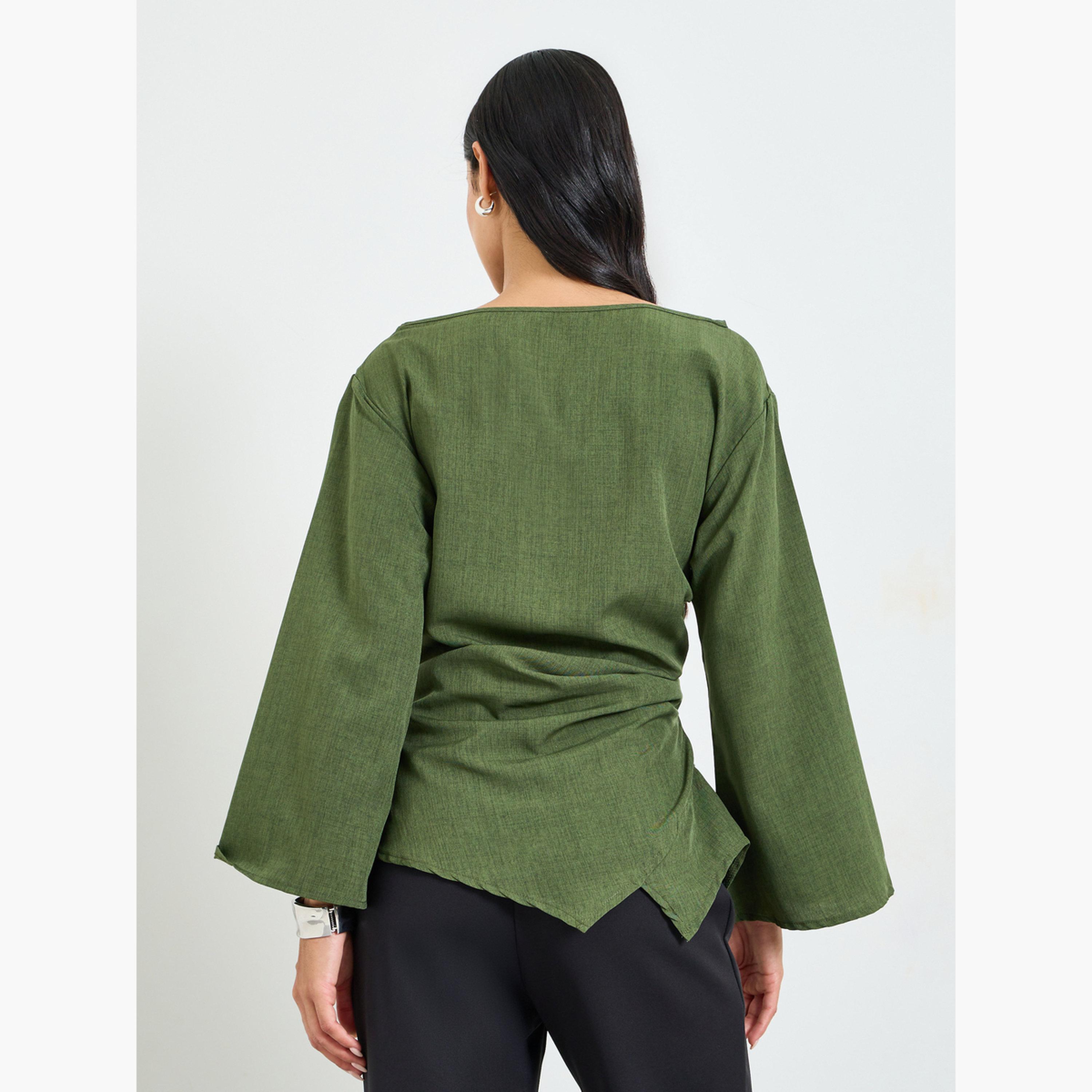 بلوزة بأكمام طويلة وياقة واسعة باللون الأخضر الزيتي-women-clothing-shirtsandblouses-blouses-image-3