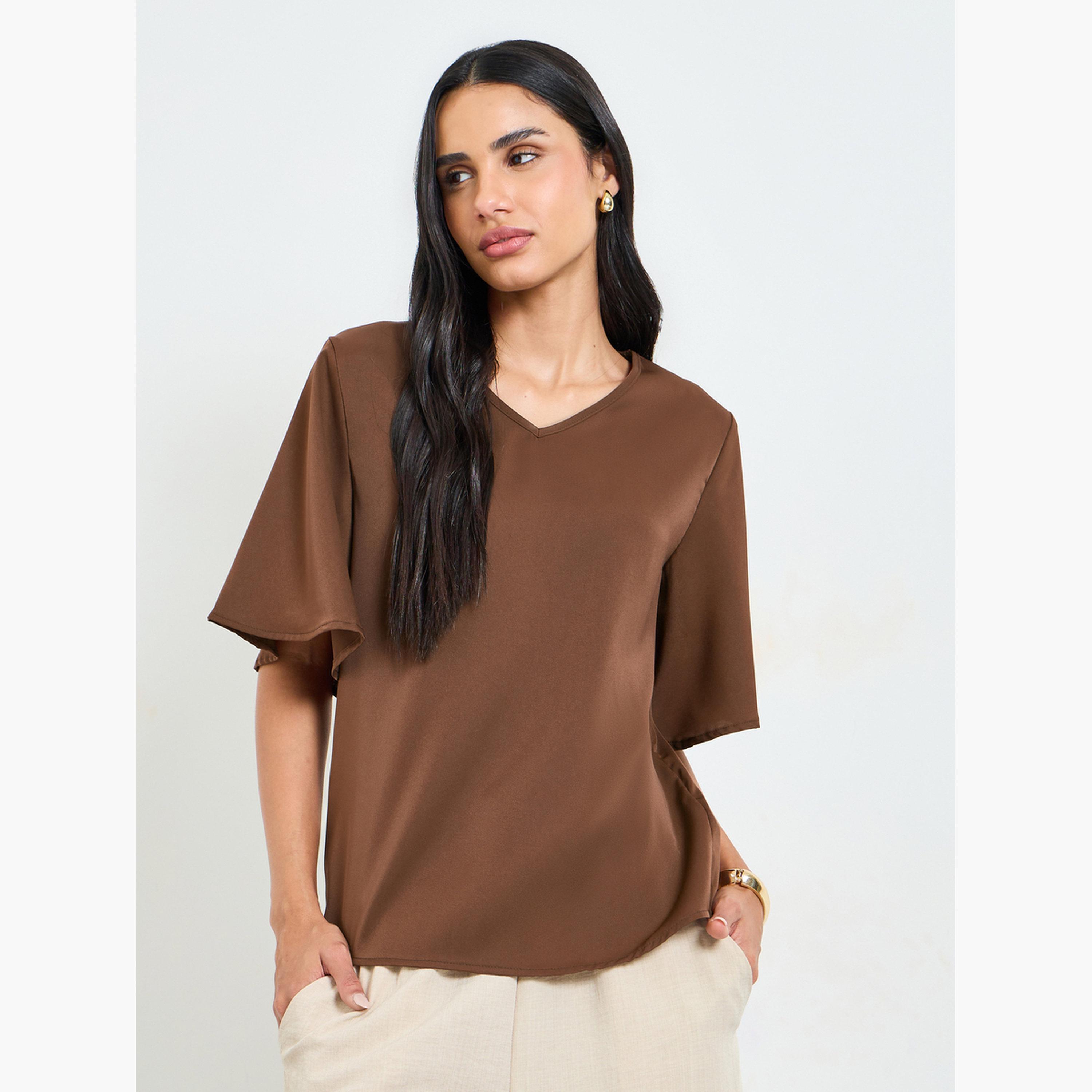 بلوزة بأكمام قصيرة باللون البني الكافيه-women-clothing-shirtsandblouses-blouses-image-1