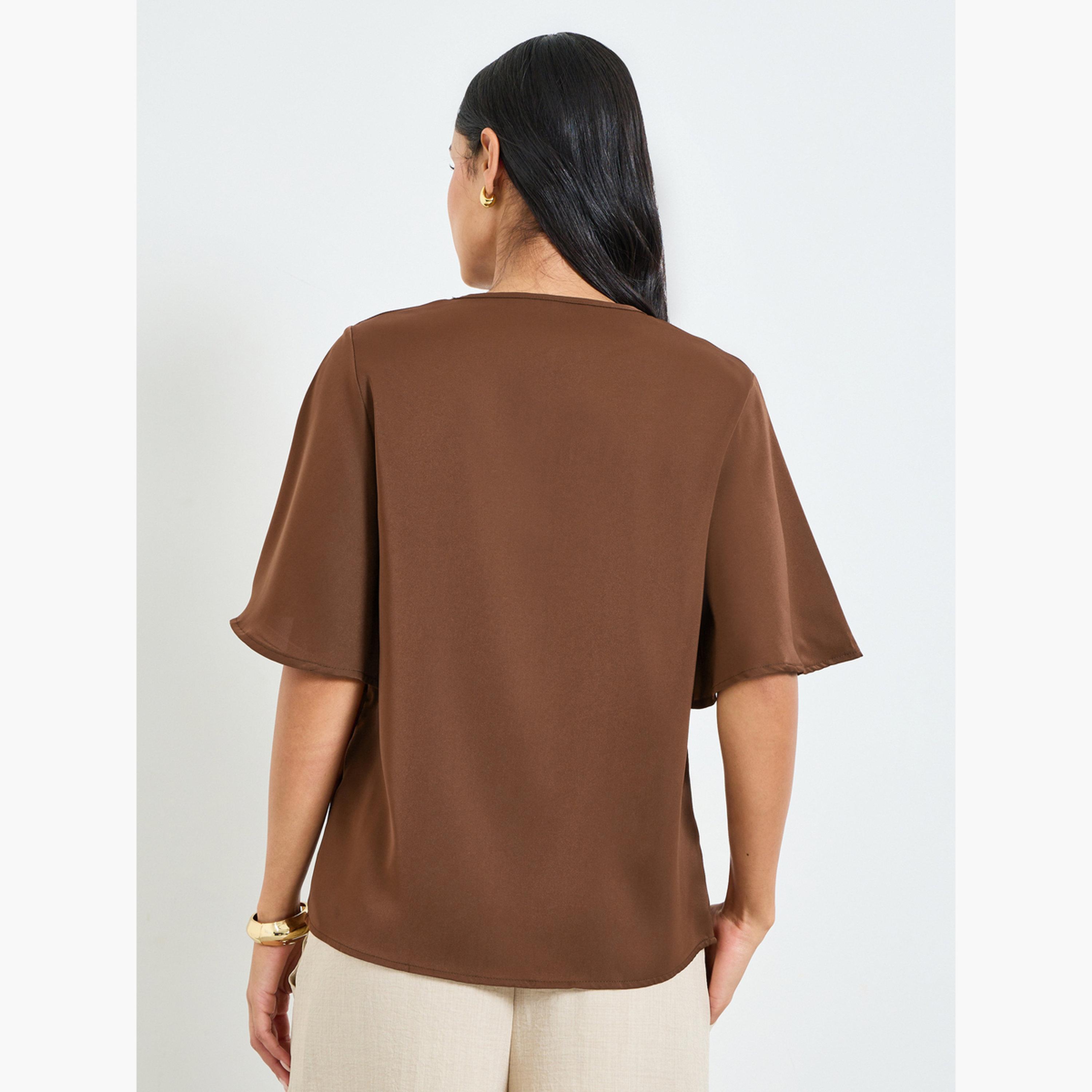 Take Two Coffee Brown V-Neck Short Sleeve Top-women-clothing-shirtsandblouses-blouses-image-3