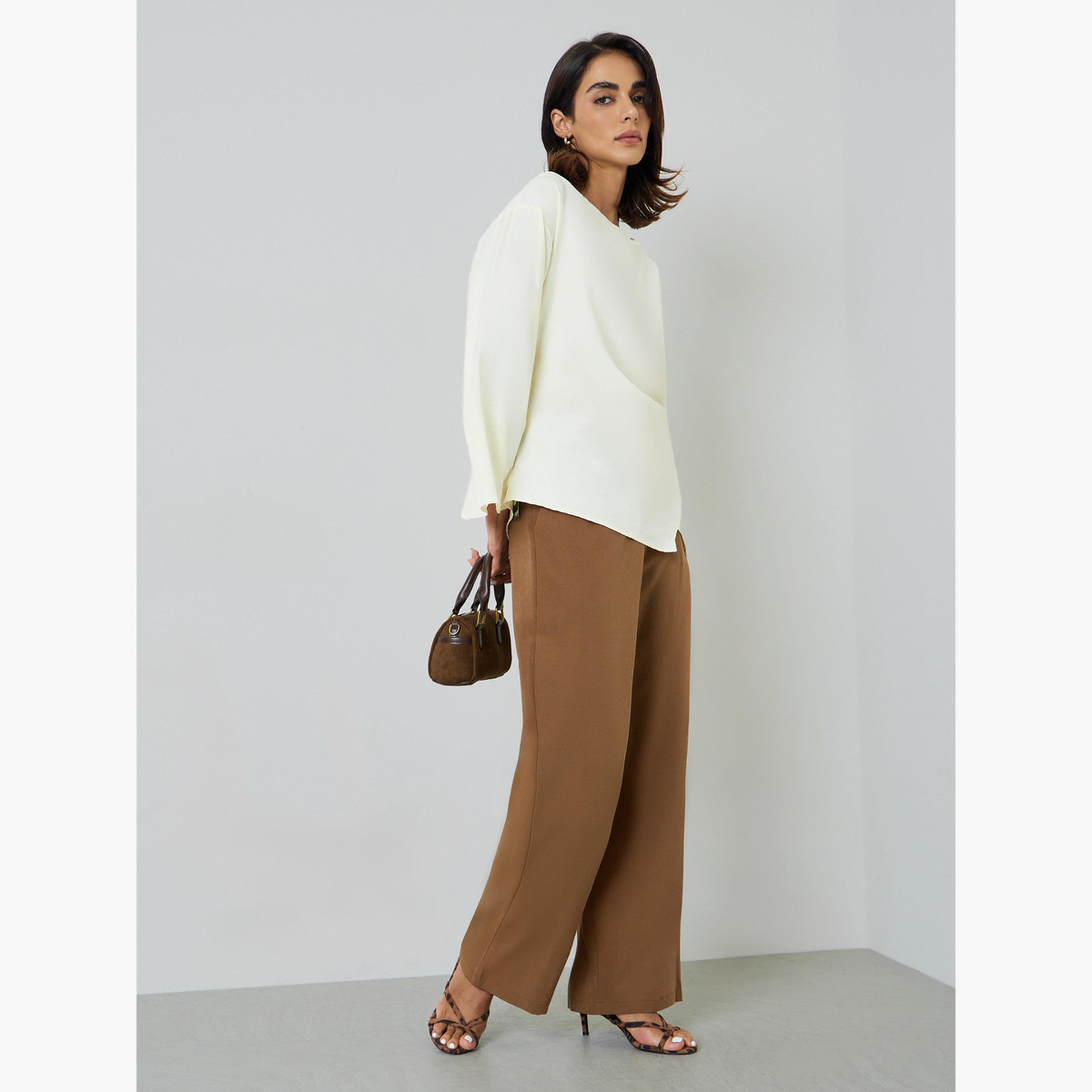 بلوزة بياقة واسعة وأكمام طويلة بيج-women-clothing-shirtsandblouses-blouses-image-2