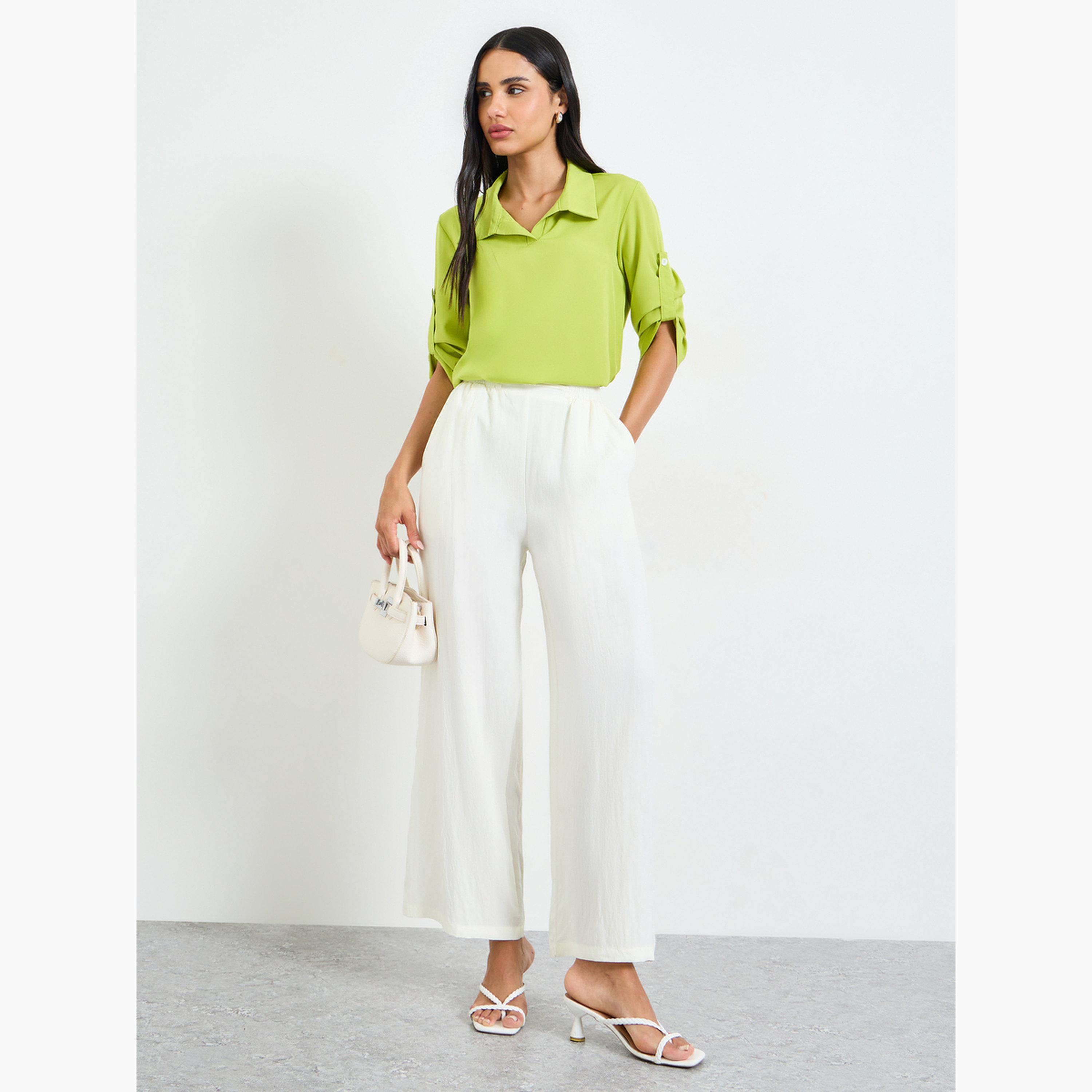 بلوزة بقصة عادية وأكمام 3/4 باللون الأخضر-women-clothing-shirtsandblouses-blouses-image-2