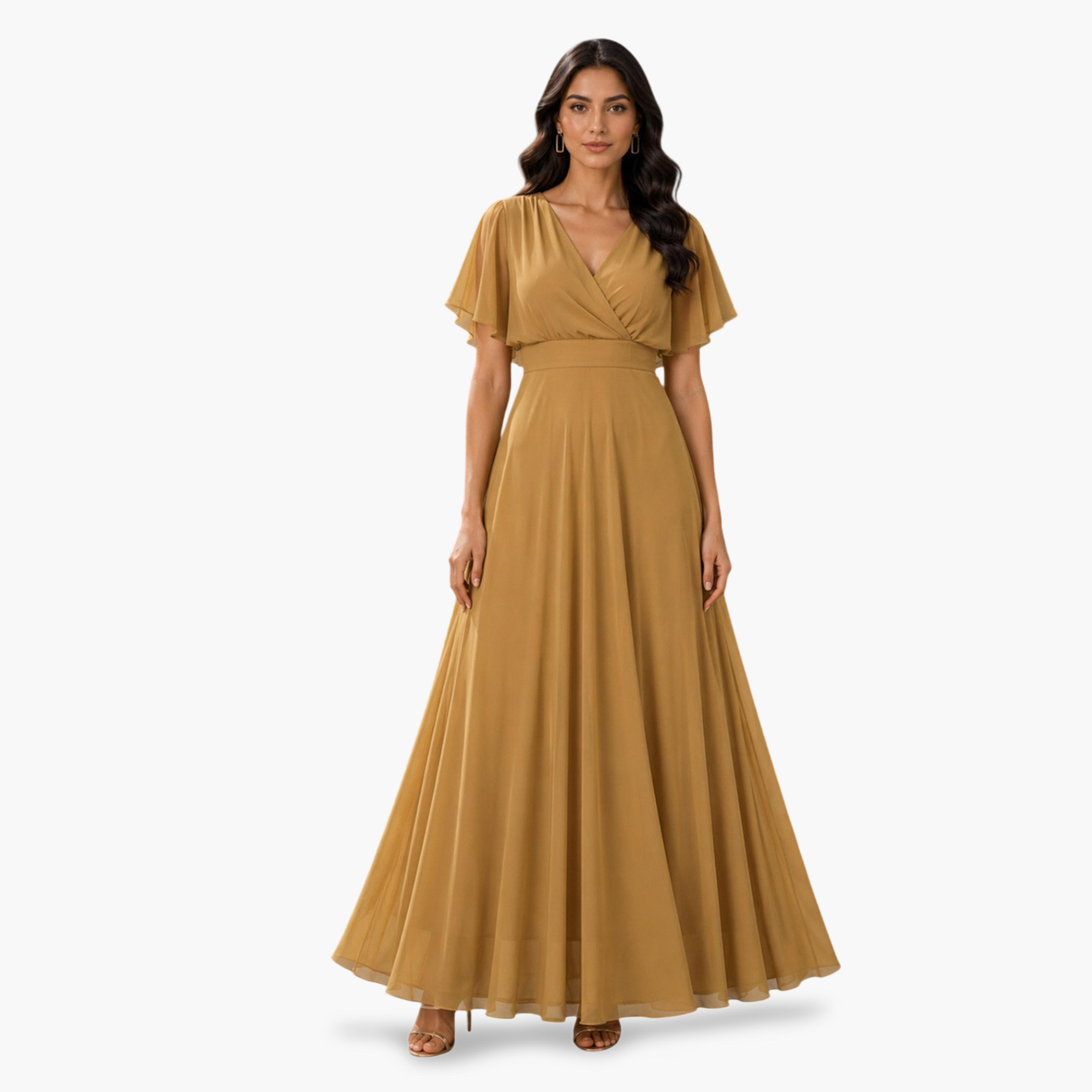 HOUSE OF RAELI X Styli Mustard Fit and Flare Maxi Dress with Flutter Sleeves - Perfect for Parties-women-clothing-dresses-image-1