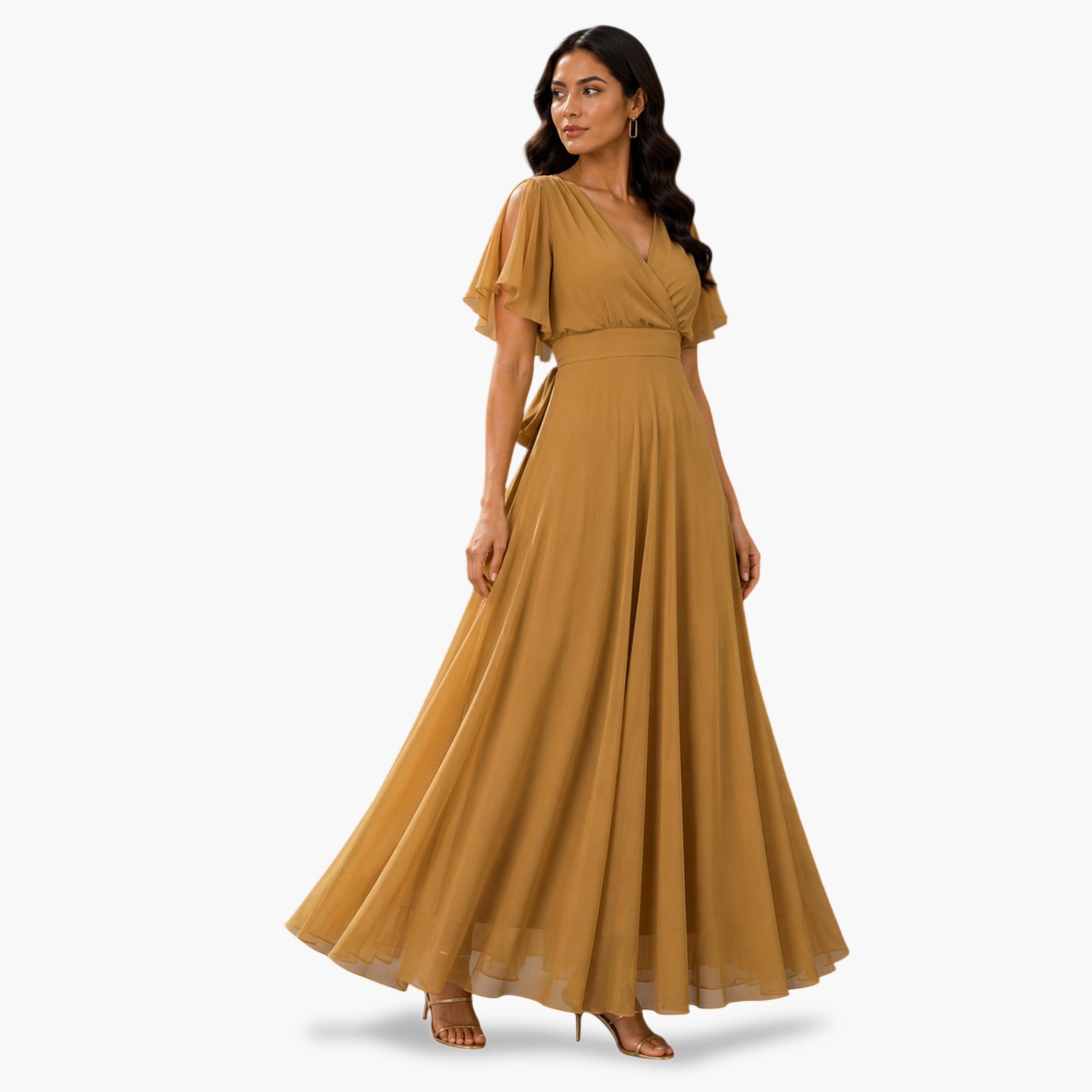 HOUSE OF RAELI X Styli Mustard Fit and Flare Maxi Dress with Flutter Sleeves - Perfect for Parties-women-clothing-dresses-image-2