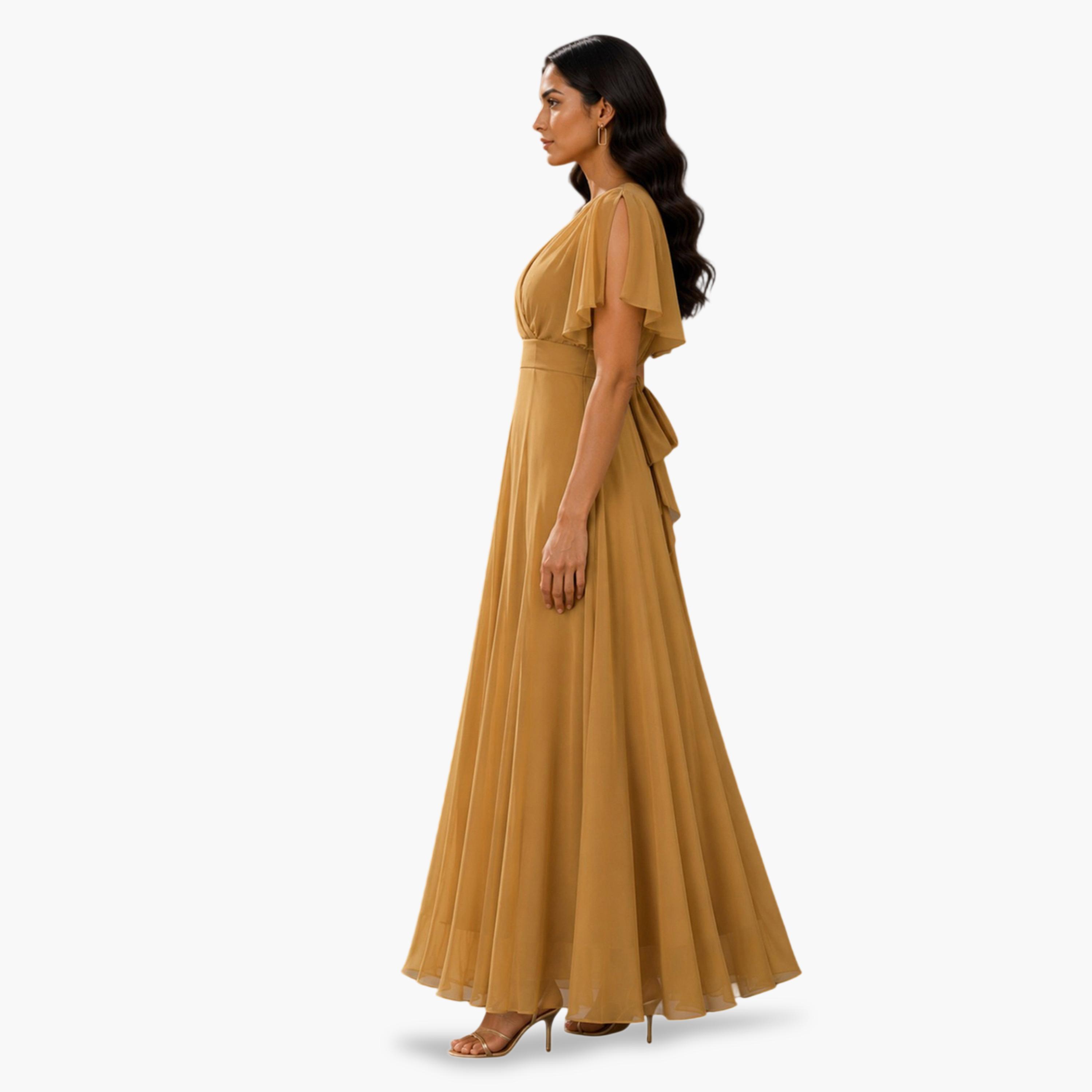 HOUSE OF RAELI X Styli Mustard Fit and Flare Maxi Dress with Flutter Sleeves - Perfect for Parties-women-clothing-dresses-image-3