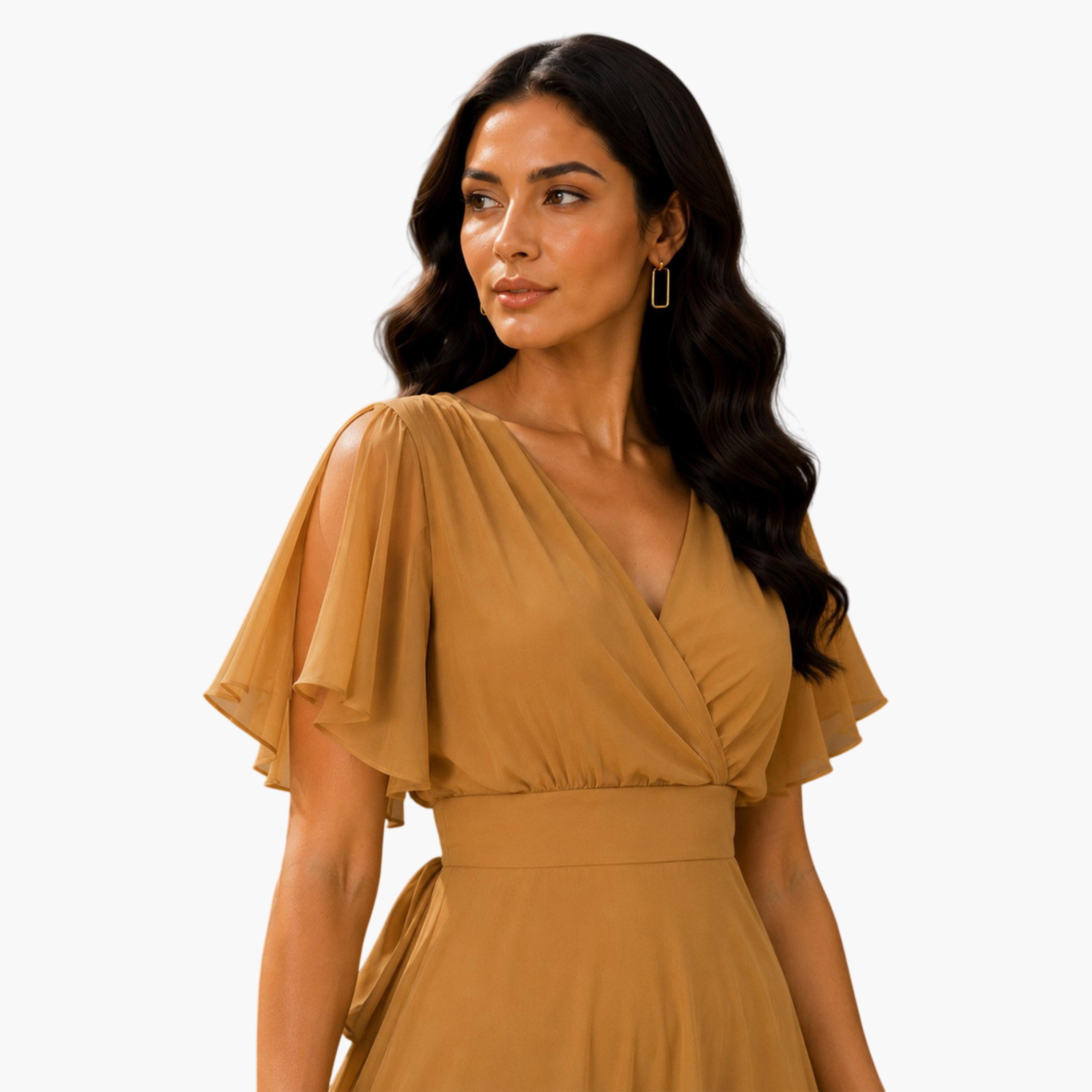 HOUSE OF RAELI X Styli Mustard Fit and Flare Maxi Dress with Flutter Sleeves - Perfect for Parties-women-clothing-dresses-image-4