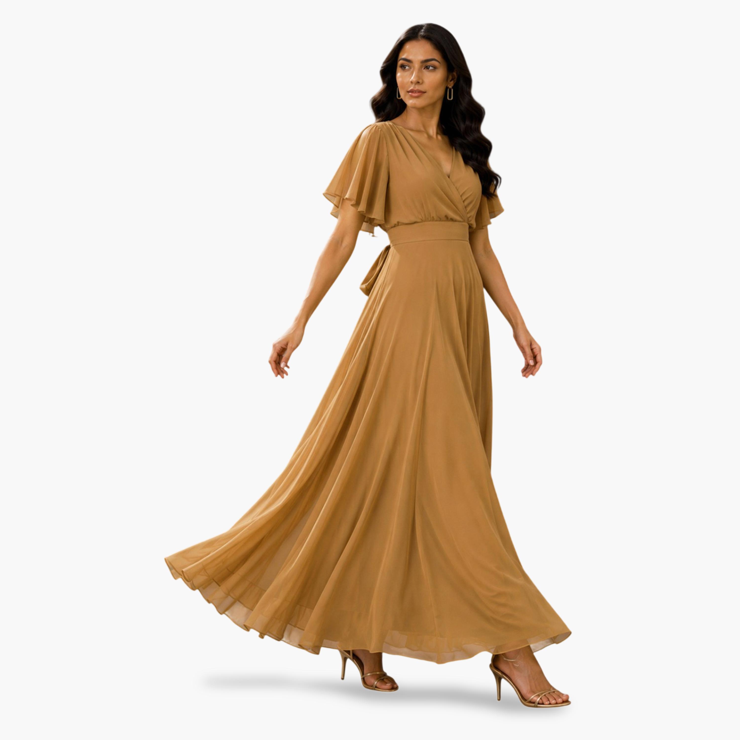 HOUSE OF RAELI X Styli Mustard Fit and Flare Maxi Dress with Flutter Sleeves - Perfect for Parties-women-clothing-dresses-image-6
