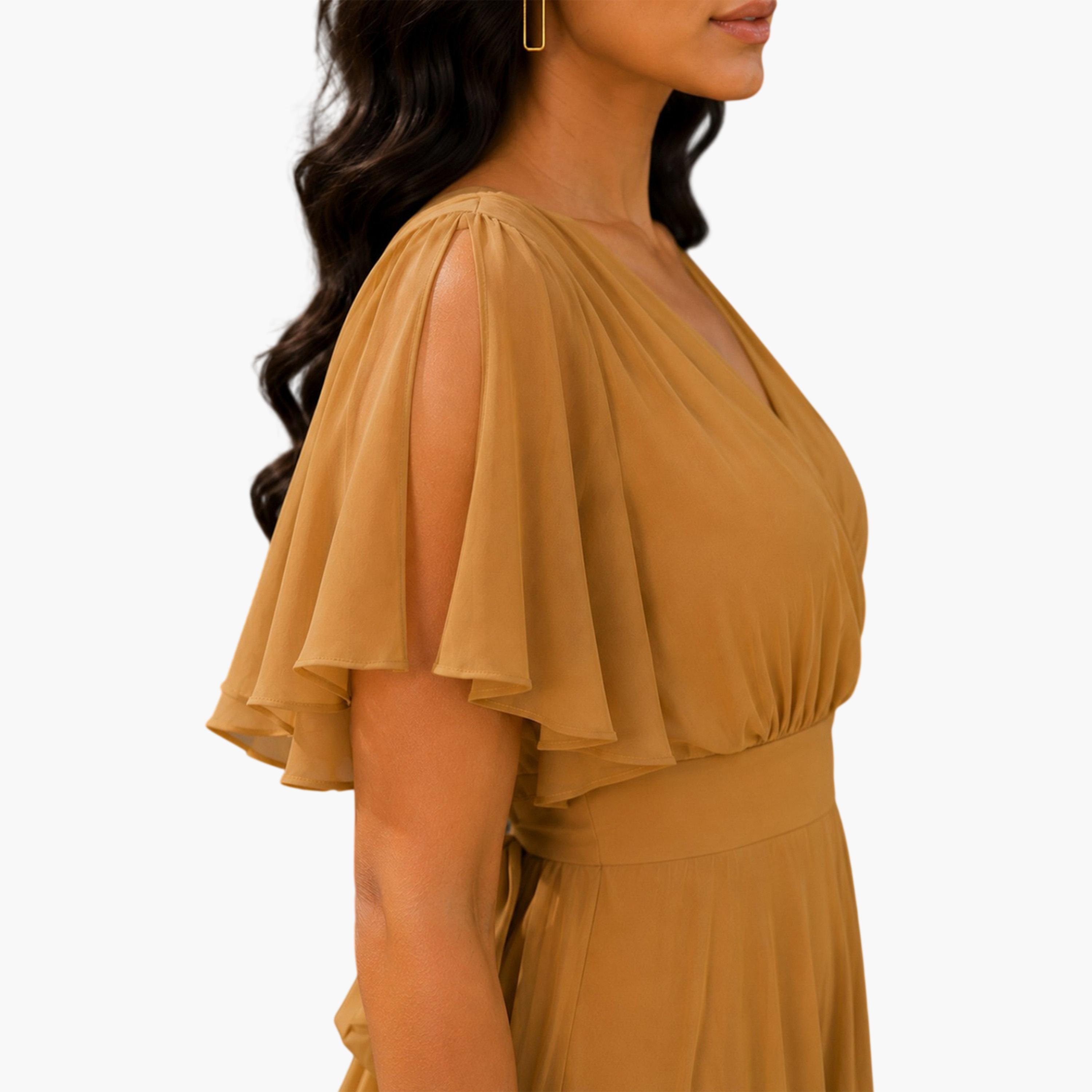 HOUSE OF RAELI X Styli Mustard Fit and Flare Maxi Dress with Flutter Sleeves - Perfect for Parties-women-clothing-dresses-image-8