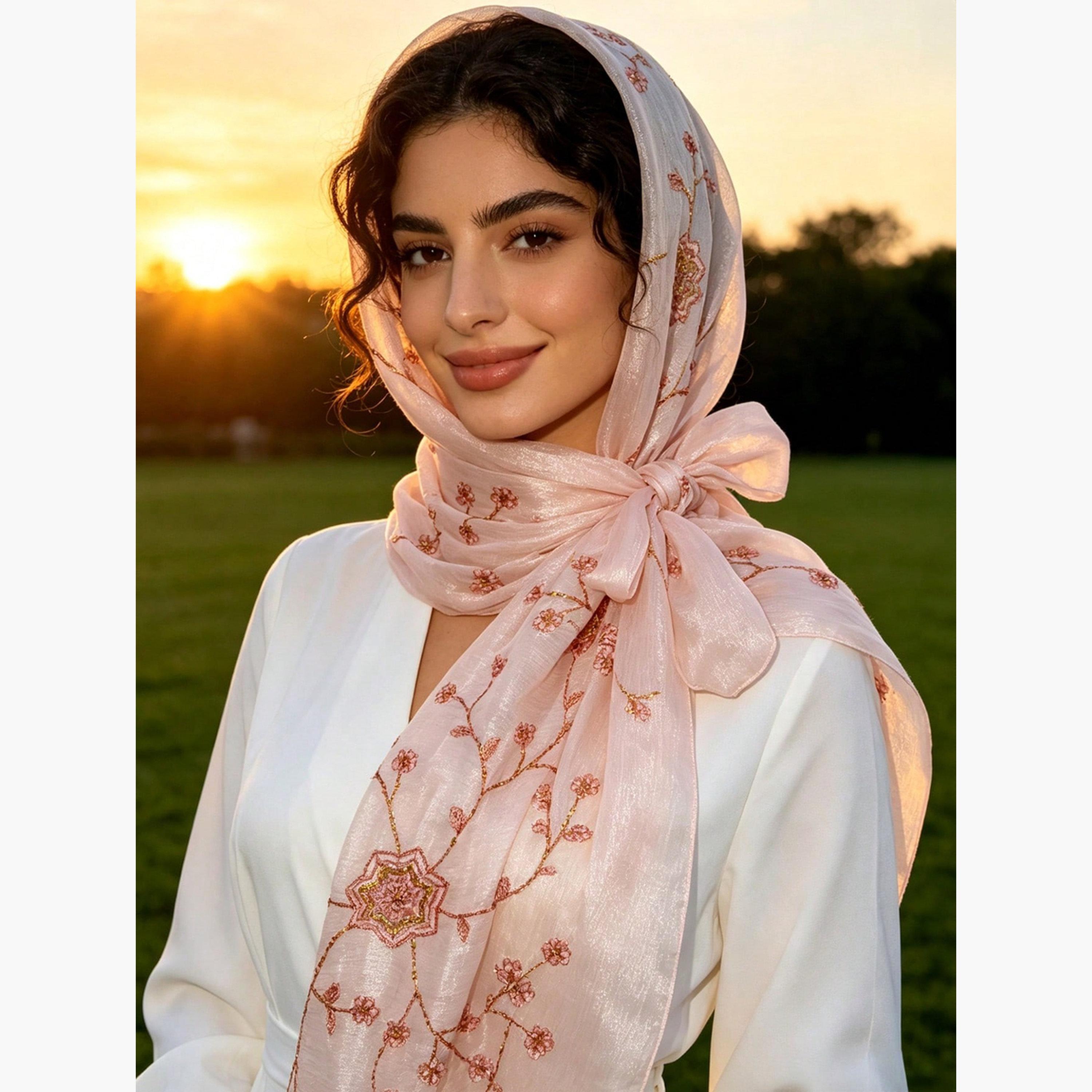 Take Two Light Pink Embroidered Hijab Scarf-women-arabicclothing-headscarf-hijab-image-3