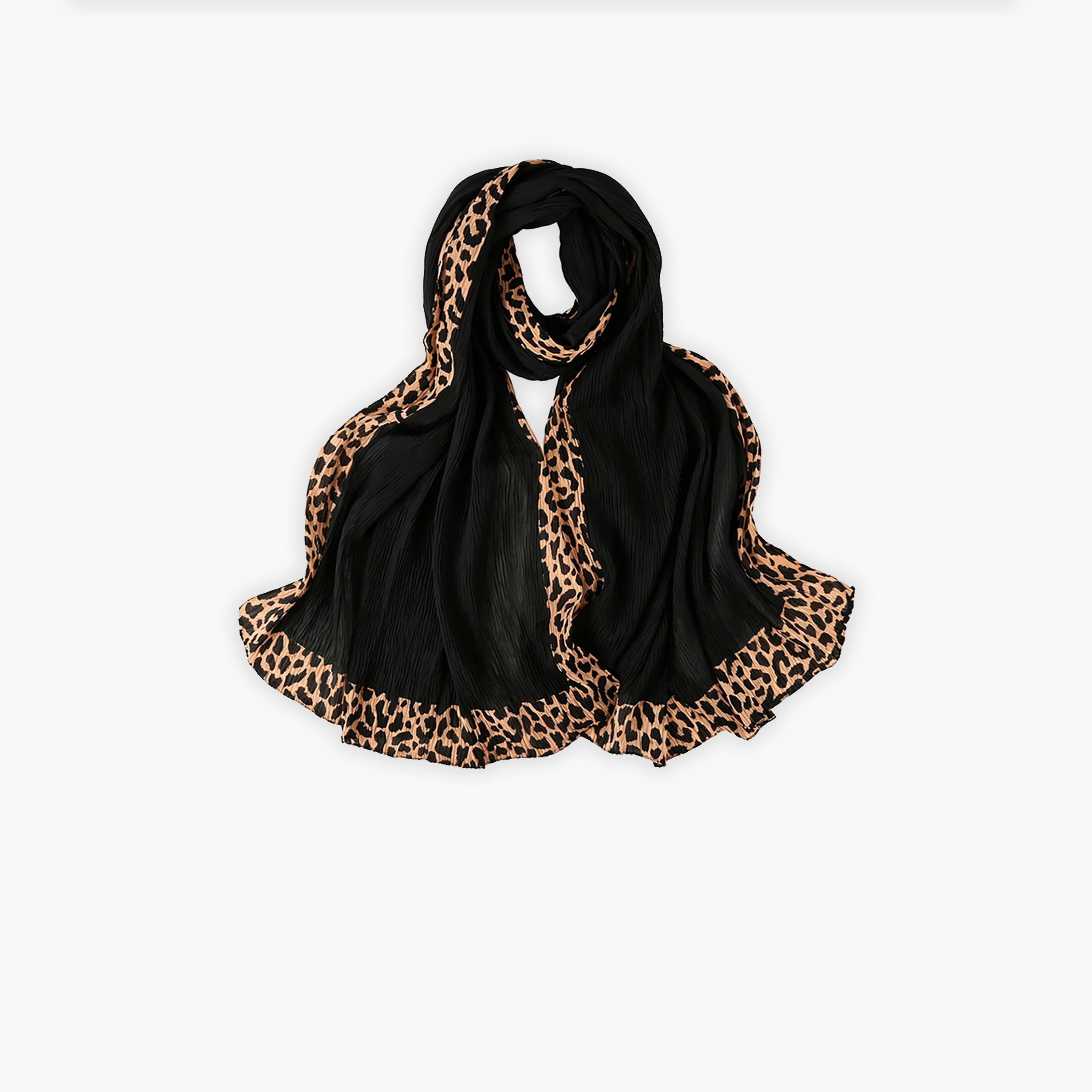 Take Two Black Pleated Hijab with Leopard Print Trim-women-arabicclothing-headscarf-hijab-image-1