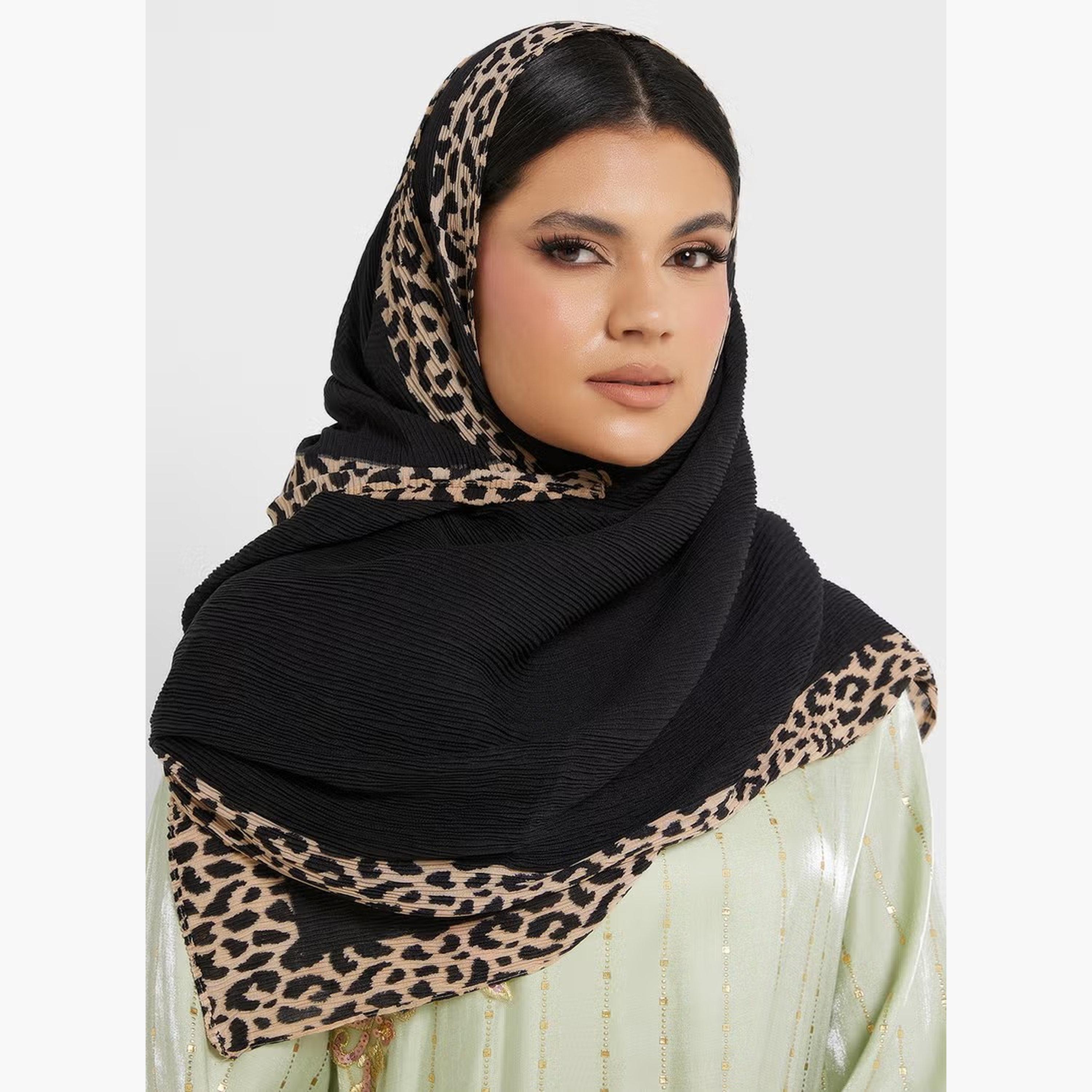 Take Two Black Pleated Hijab with Leopard Print Trim-women-arabicclothing-headscarf-hijab-image-2