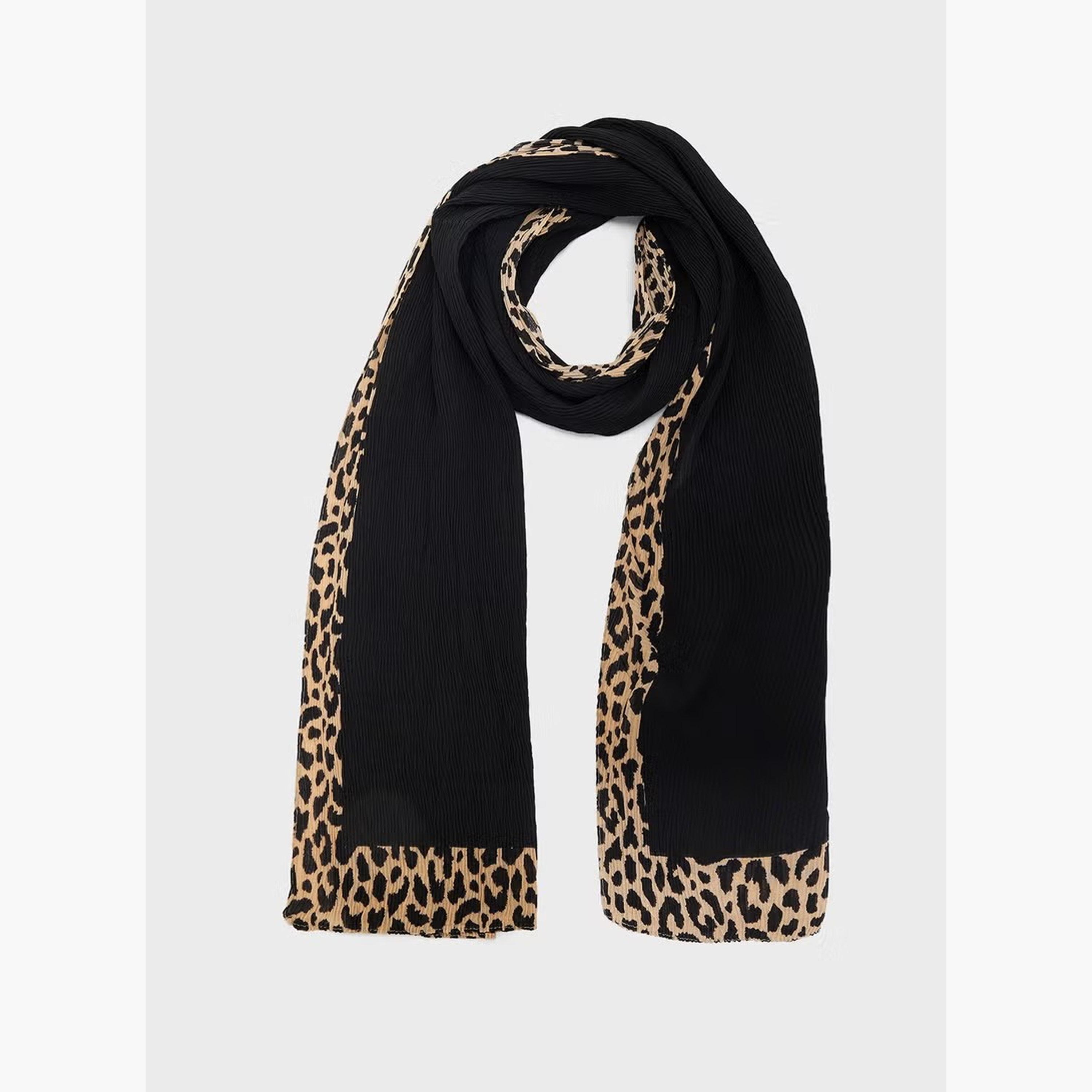 Take Two Black Pleated Hijab with Leopard Print Trim-women-arabicclothing-headscarf-hijab-image-4