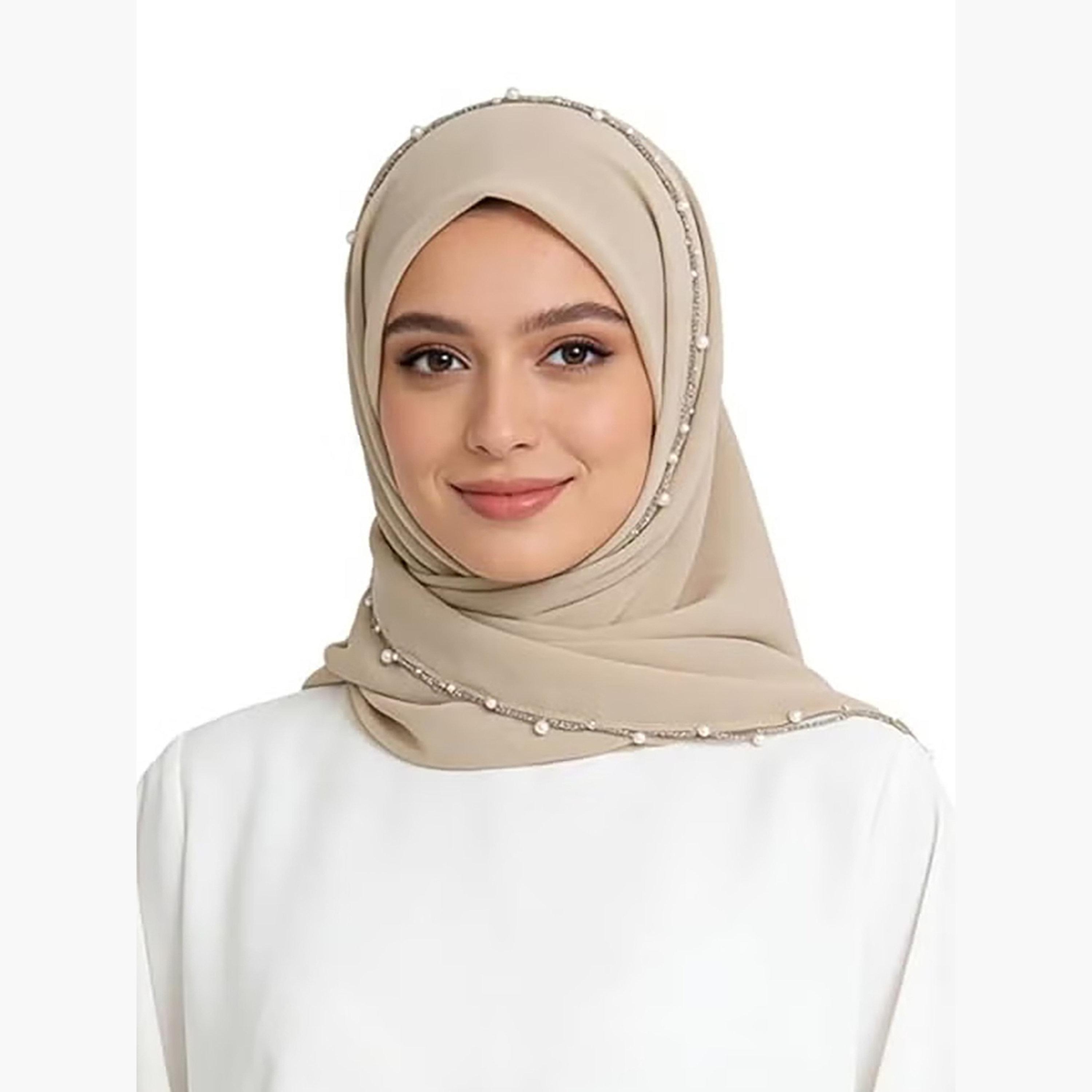 Take Two Beige Pearl-Embellished Chiffon Hijab-women-arabicclothing-headscarf-hijab-image-3