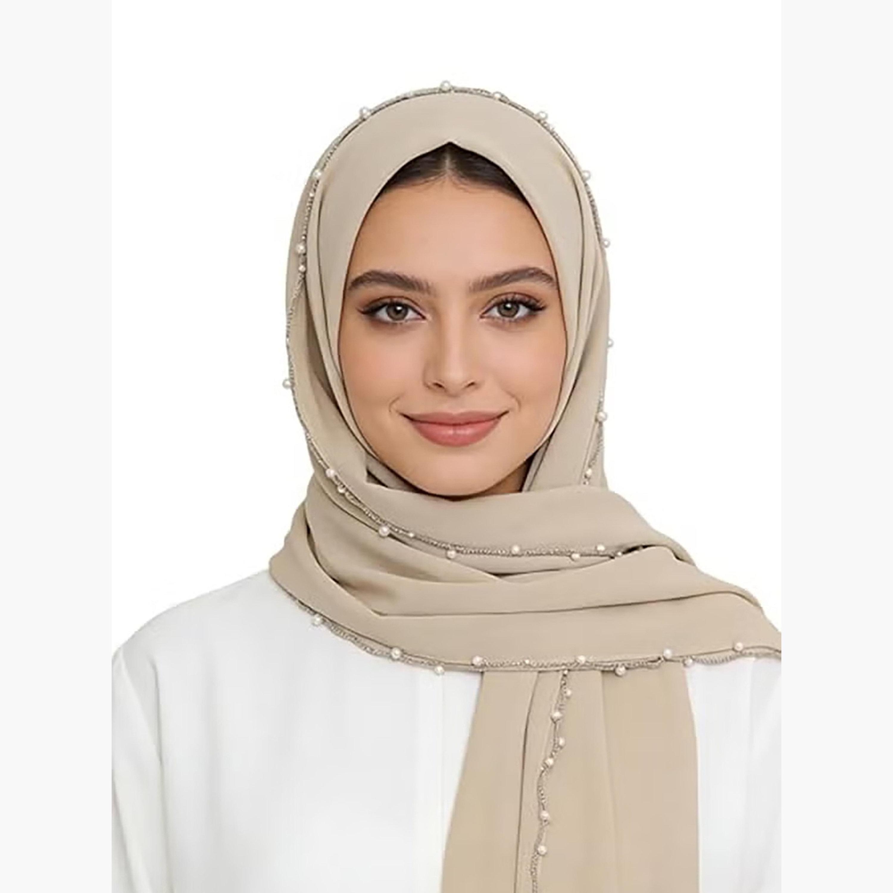 Take Two Beige Pearl-Embellished Chiffon Hijab-women-arabicclothing-headscarf-hijab-image-5