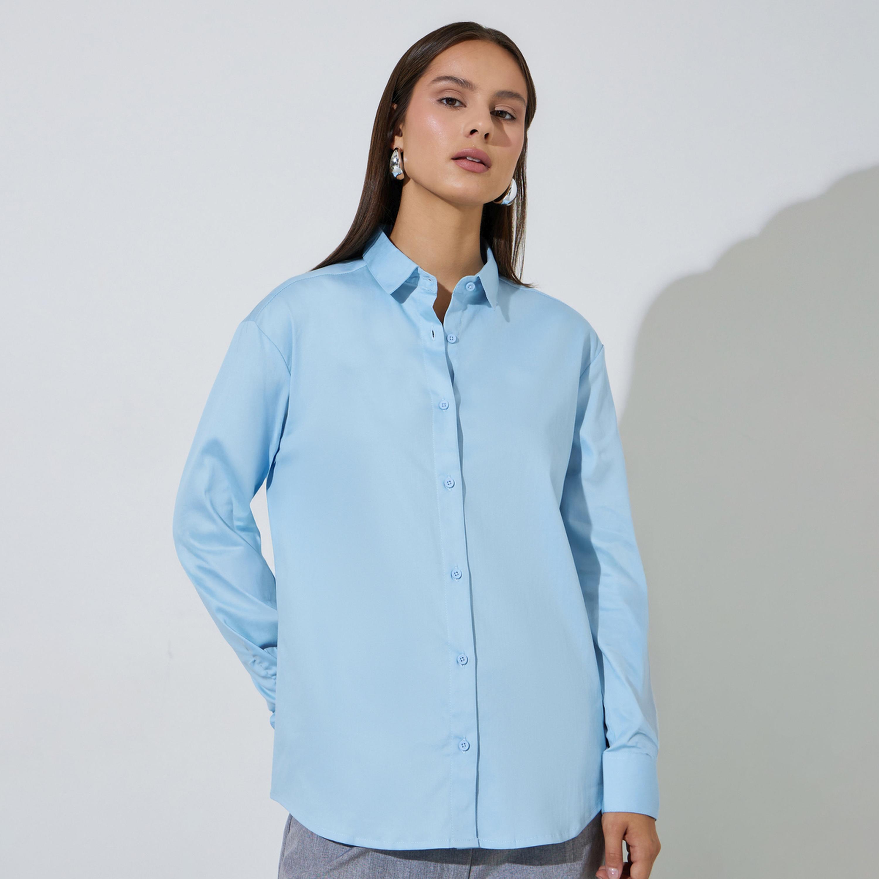Styli Blue Solid Longlined Long Sleeves Oversized Shirt-women-clothing-shirtsandblouses-shirts-image-1