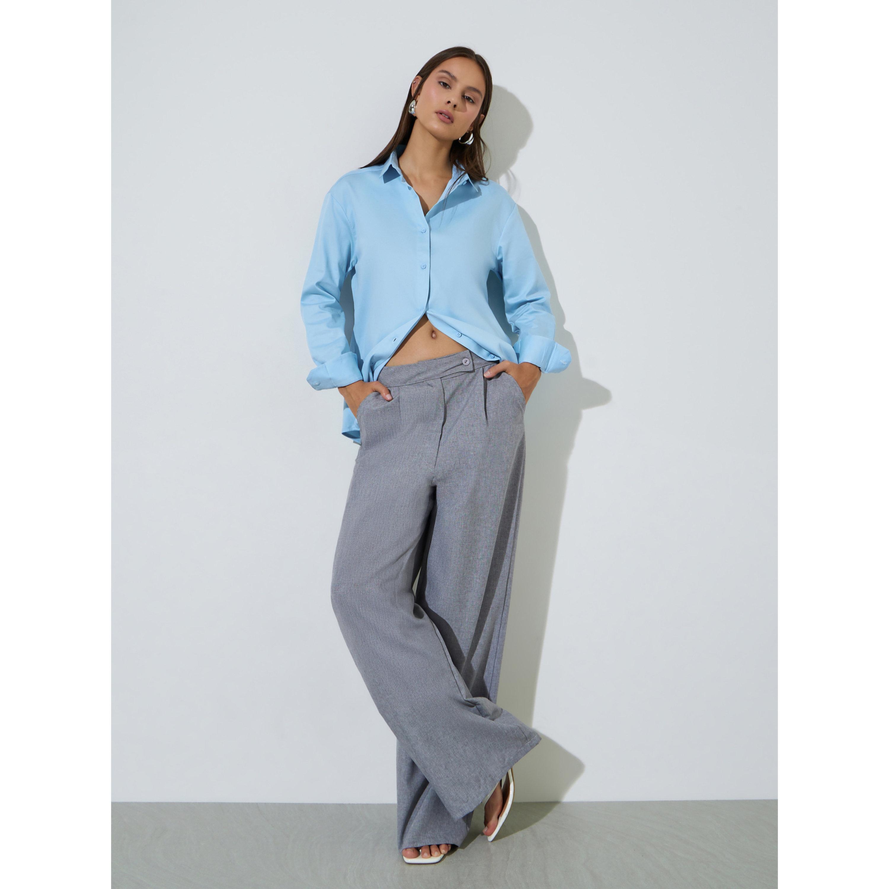 Styli Blue Solid Longlined Long Sleeves Oversized Shirt-women-clothing-shirtsandblouses-shirts-image-2