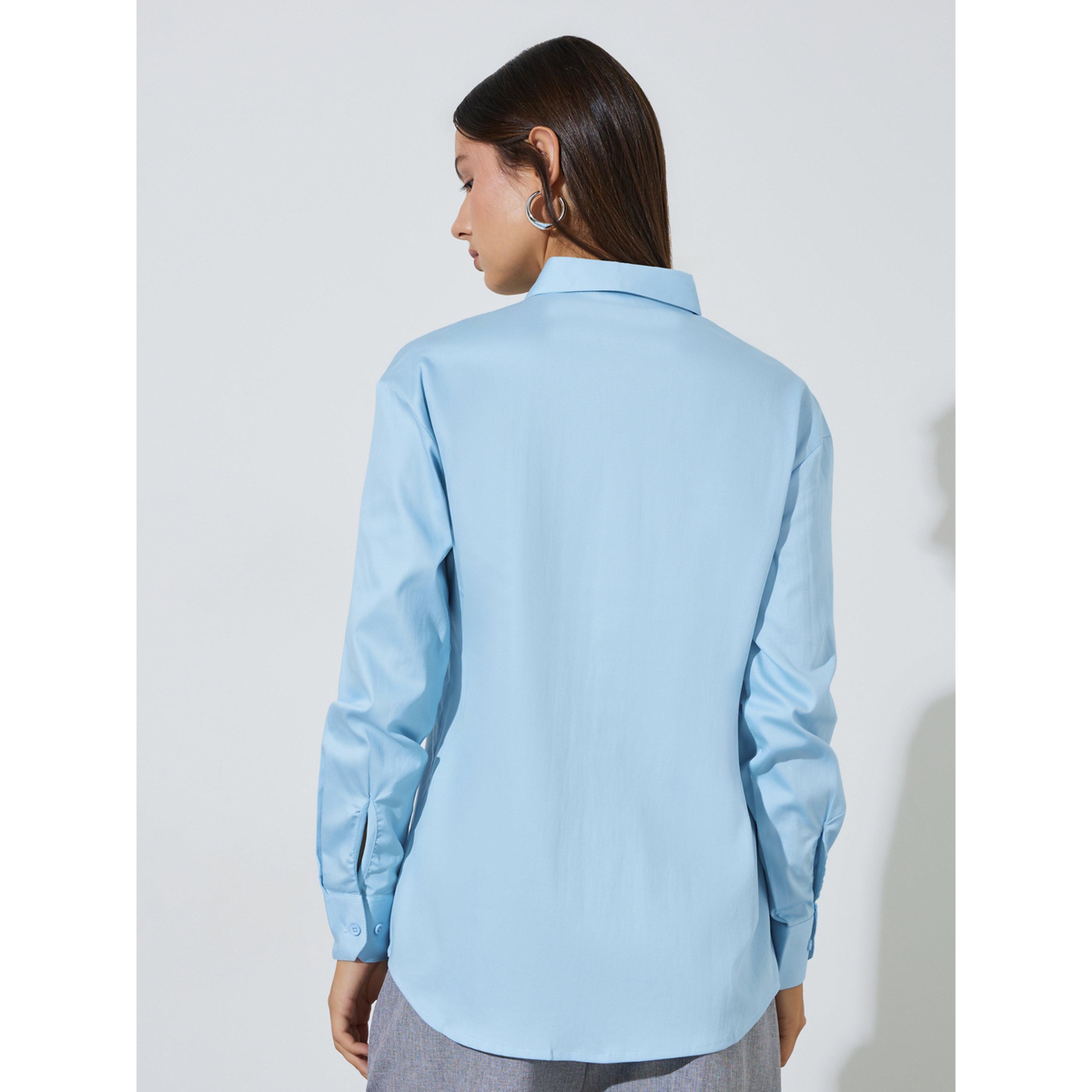 Styli Blue Solid Longlined Long Sleeves Oversized Shirt-women-clothing-shirtsandblouses-shirts-image-3
