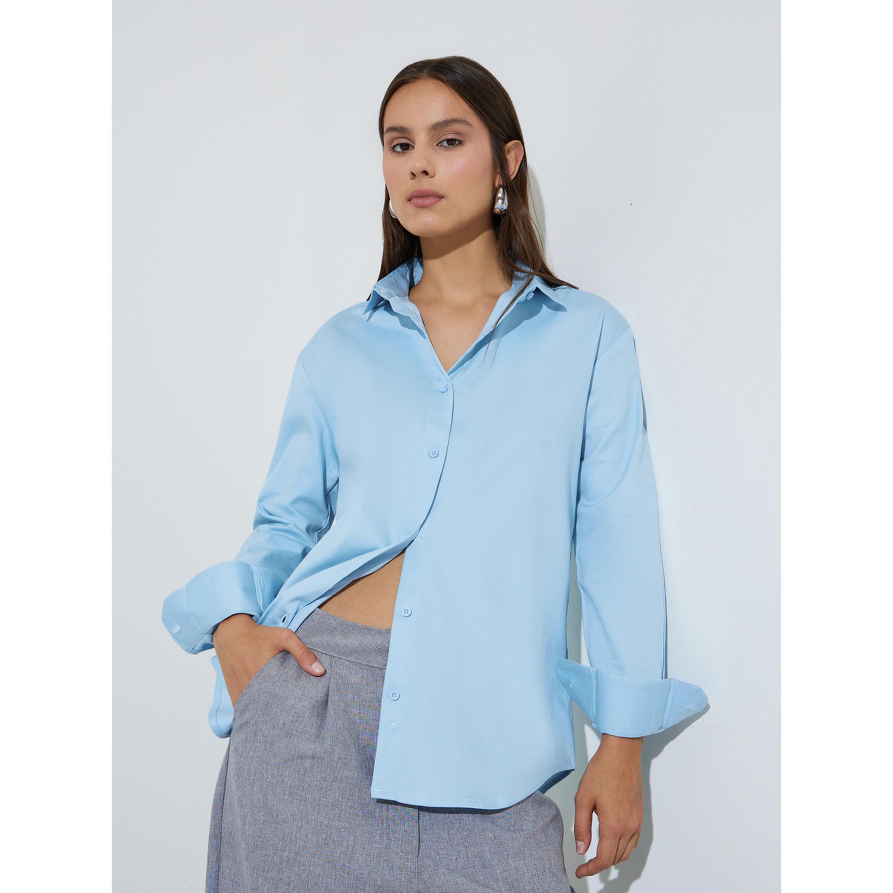 Styli Blue Solid Longlined Long Sleeves Oversized Shirt-women-clothing-shirtsandblouses-shirts-image-4