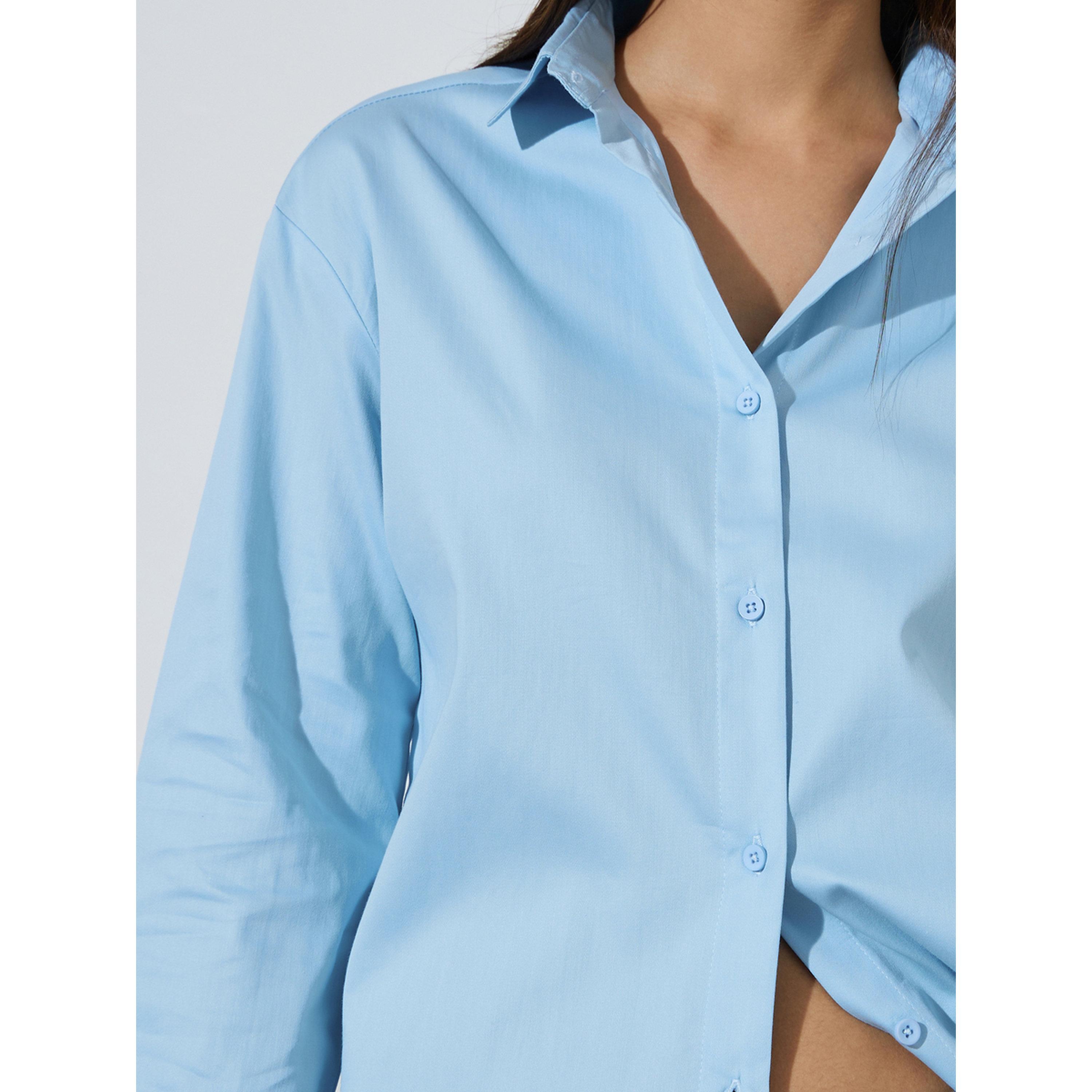 Styli Blue Solid Longlined Long Sleeves Oversized Shirt-women-clothing-shirtsandblouses-shirts-image-5
