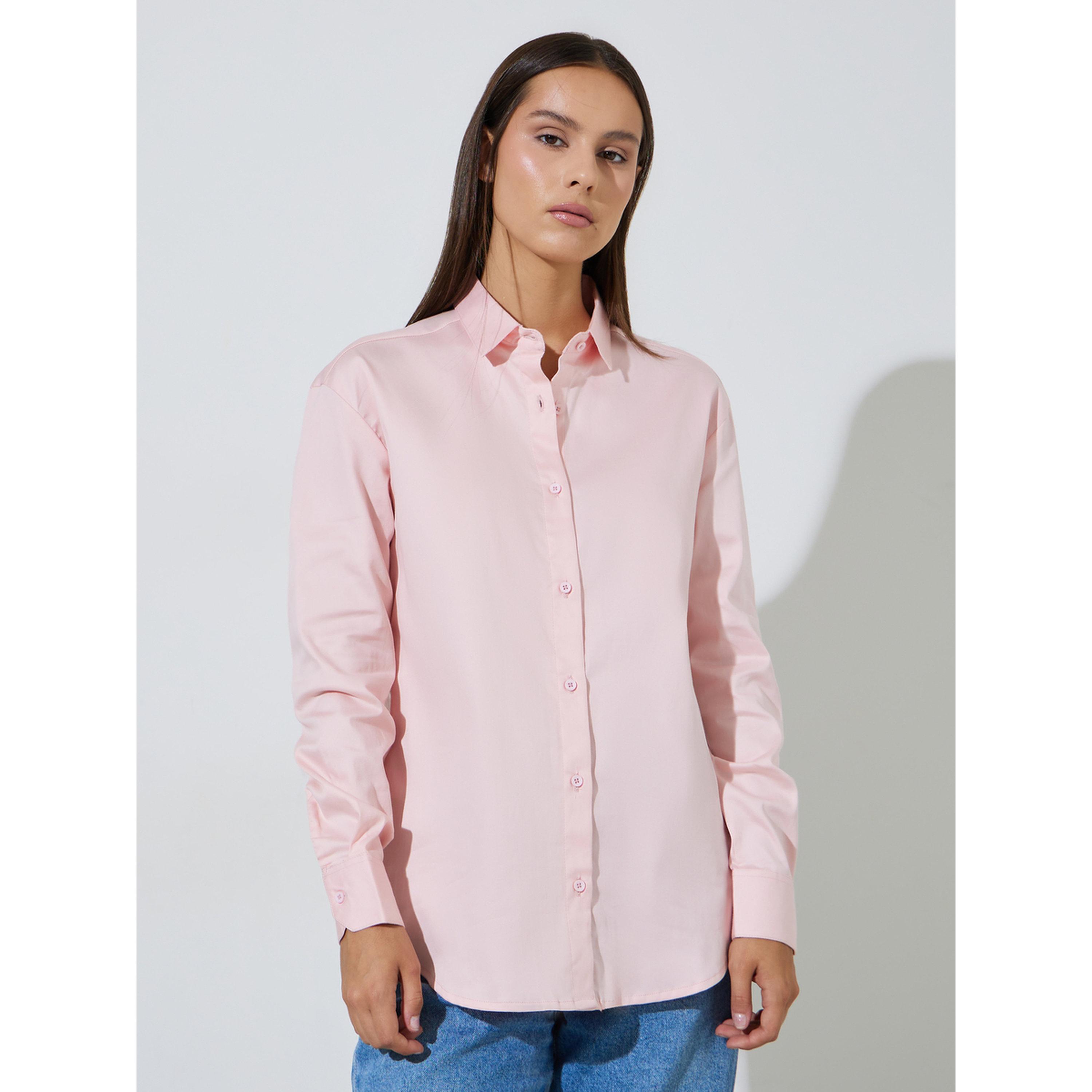 Styli Pink Solid Longlined Long Sleeves Oversized Shirt-women-clothing-shirtsandblouses-shirts-image-1