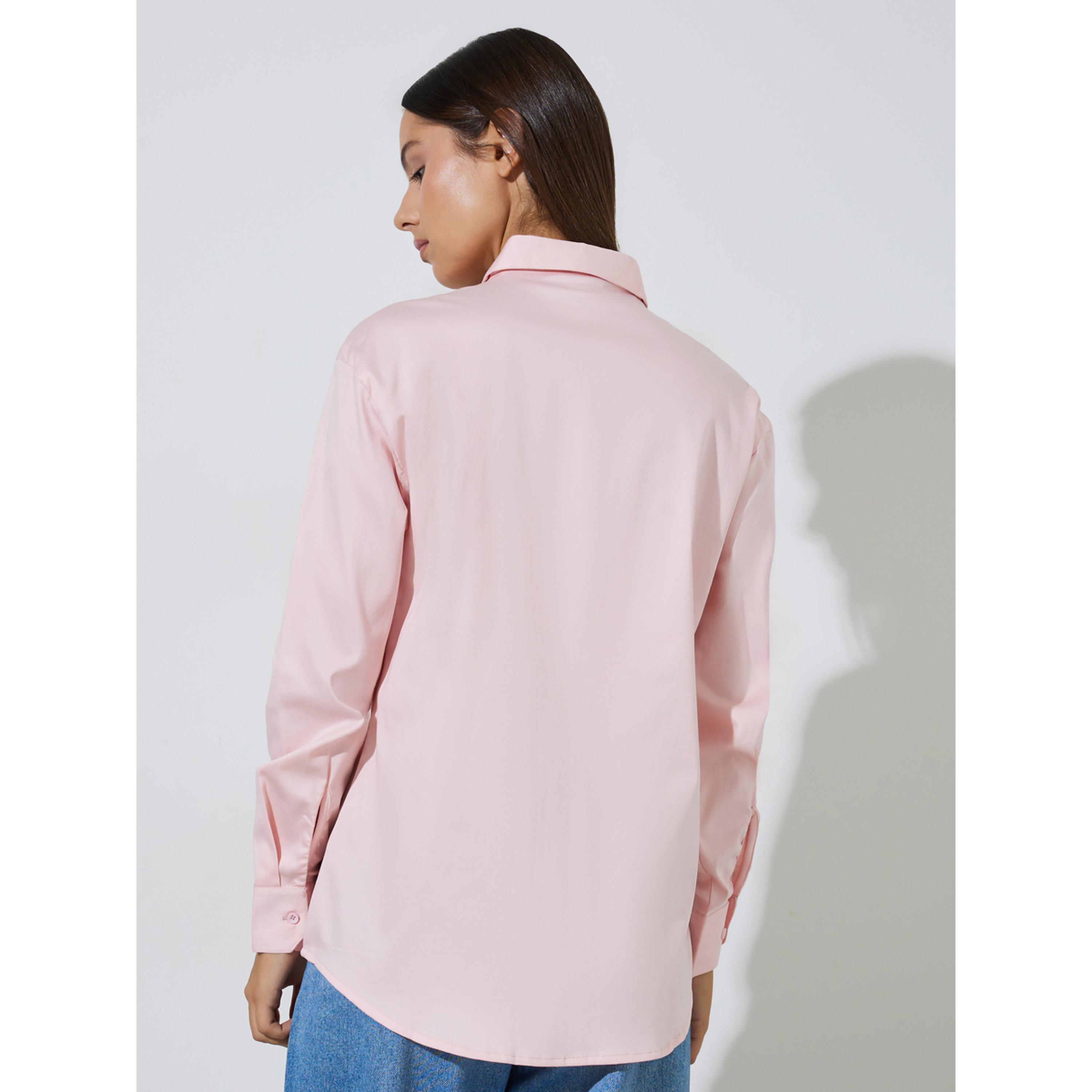 Styli Pink Solid Longlined Long Sleeves Oversized Shirt-women-clothing-shirtsandblouses-shirts-image-3