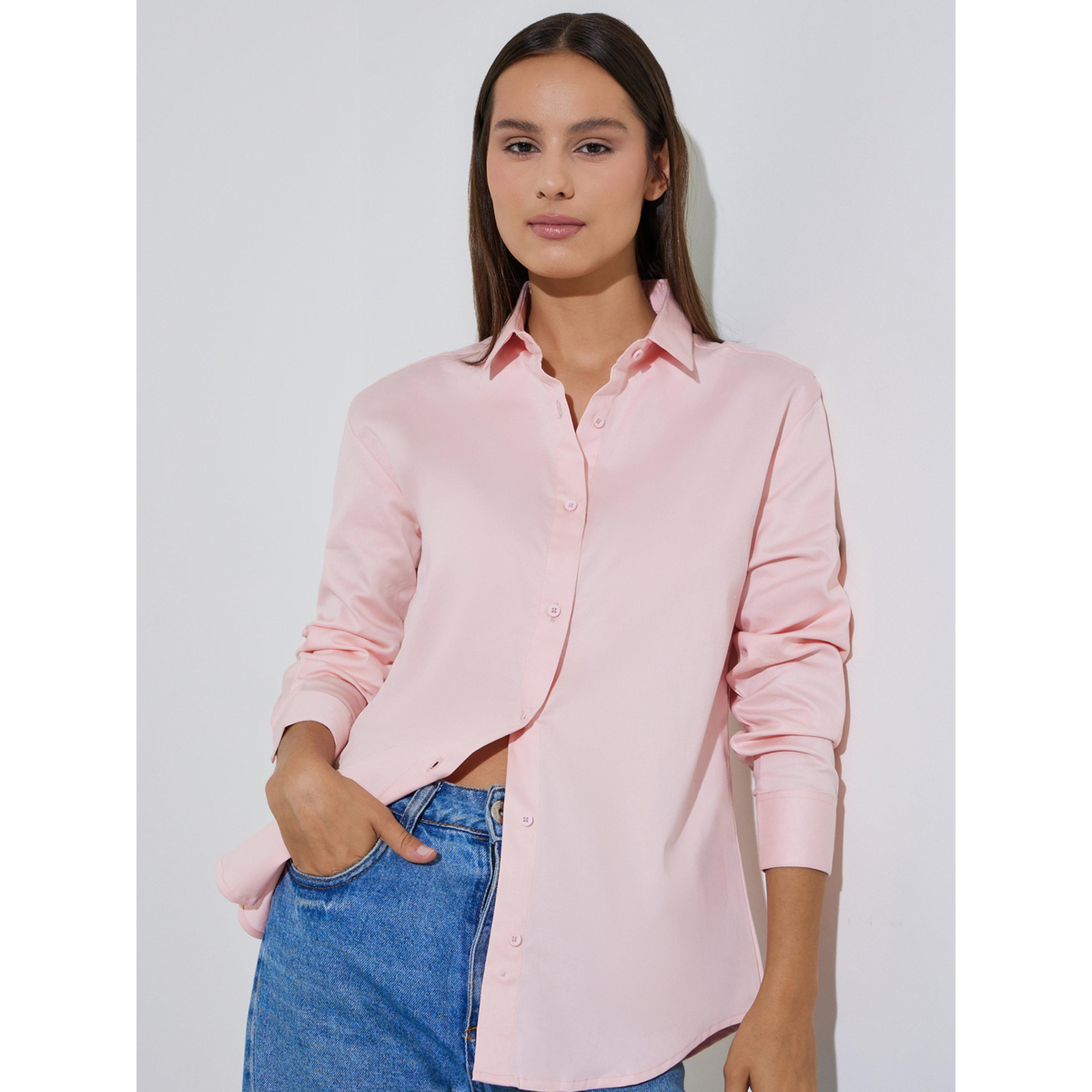 Styli Pink Solid Longlined Long Sleeves Oversized Shirt-women-clothing-shirtsandblouses-shirts-image-4
