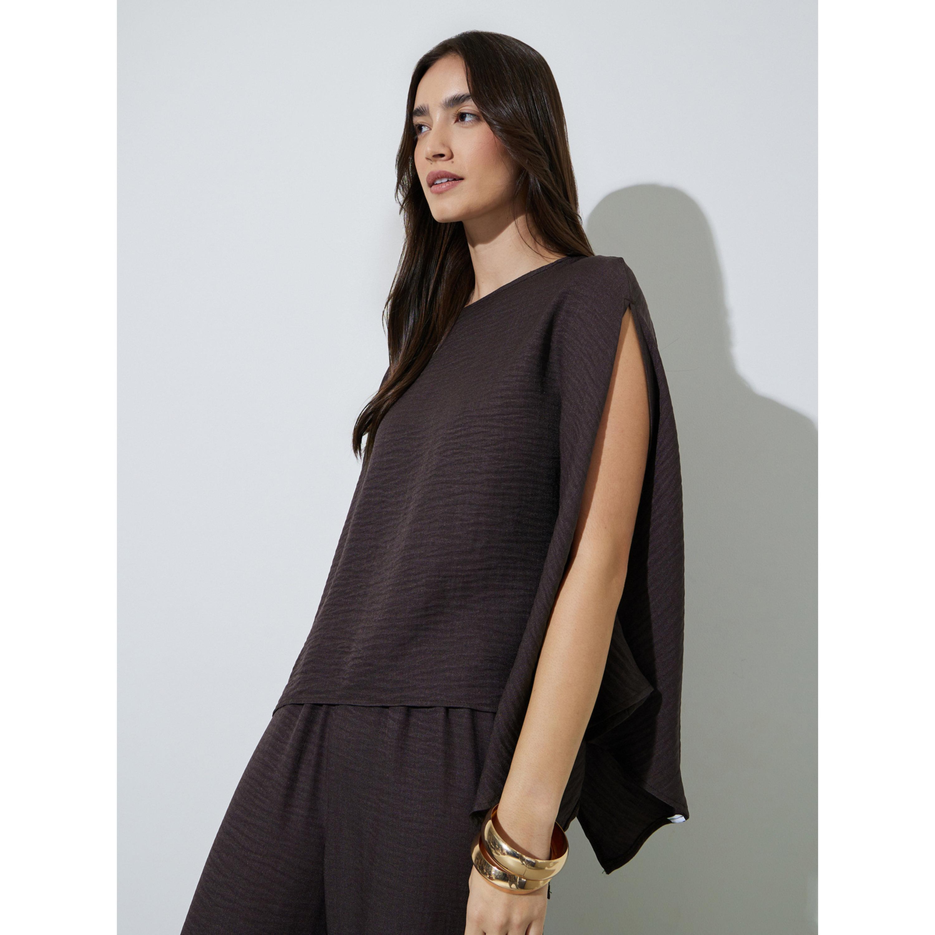 طقم منسق من بنطال بأرجل واسعة وبلوزة بأكمام خفاش سادة باللون البني-women-clothing-coordsets-image-3