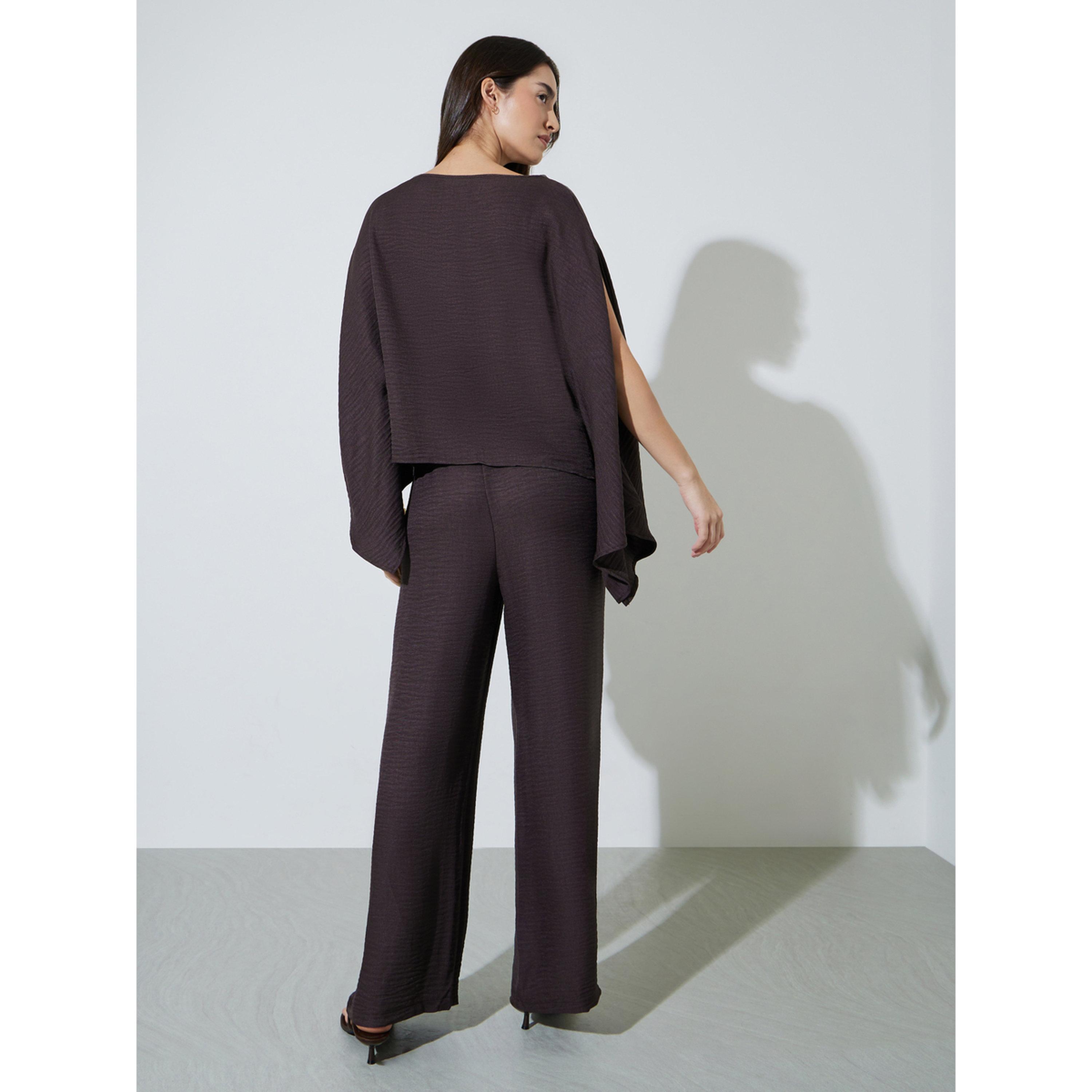 طقم منسق من بنطال بأرجل واسعة وبلوزة بأكمام خفاش سادة باللون البني-women-clothing-coordsets-image-4