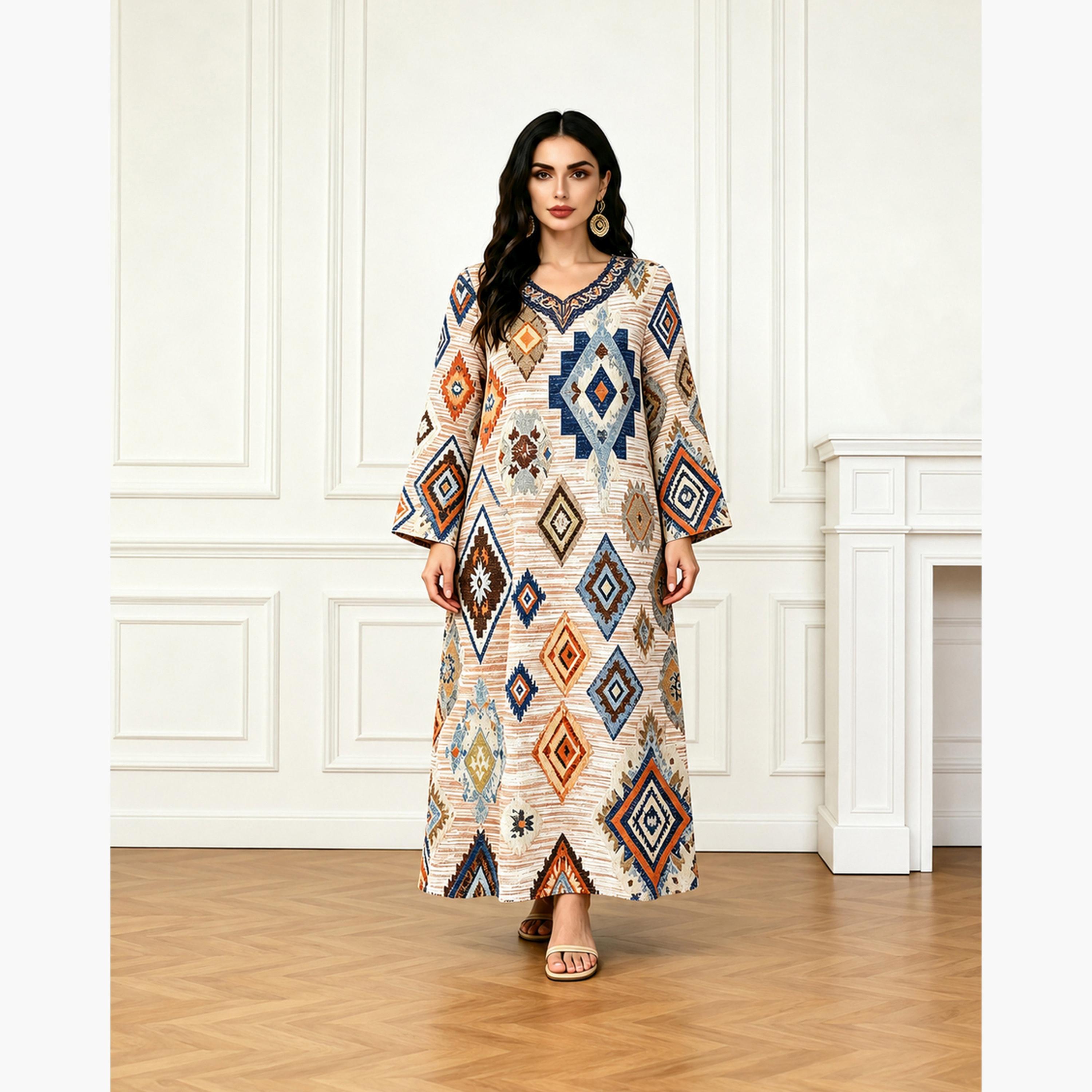 Take Two Brown V Neck Geometric Print Jalabiya-women-arabicclothing-jalabiyas-image-1