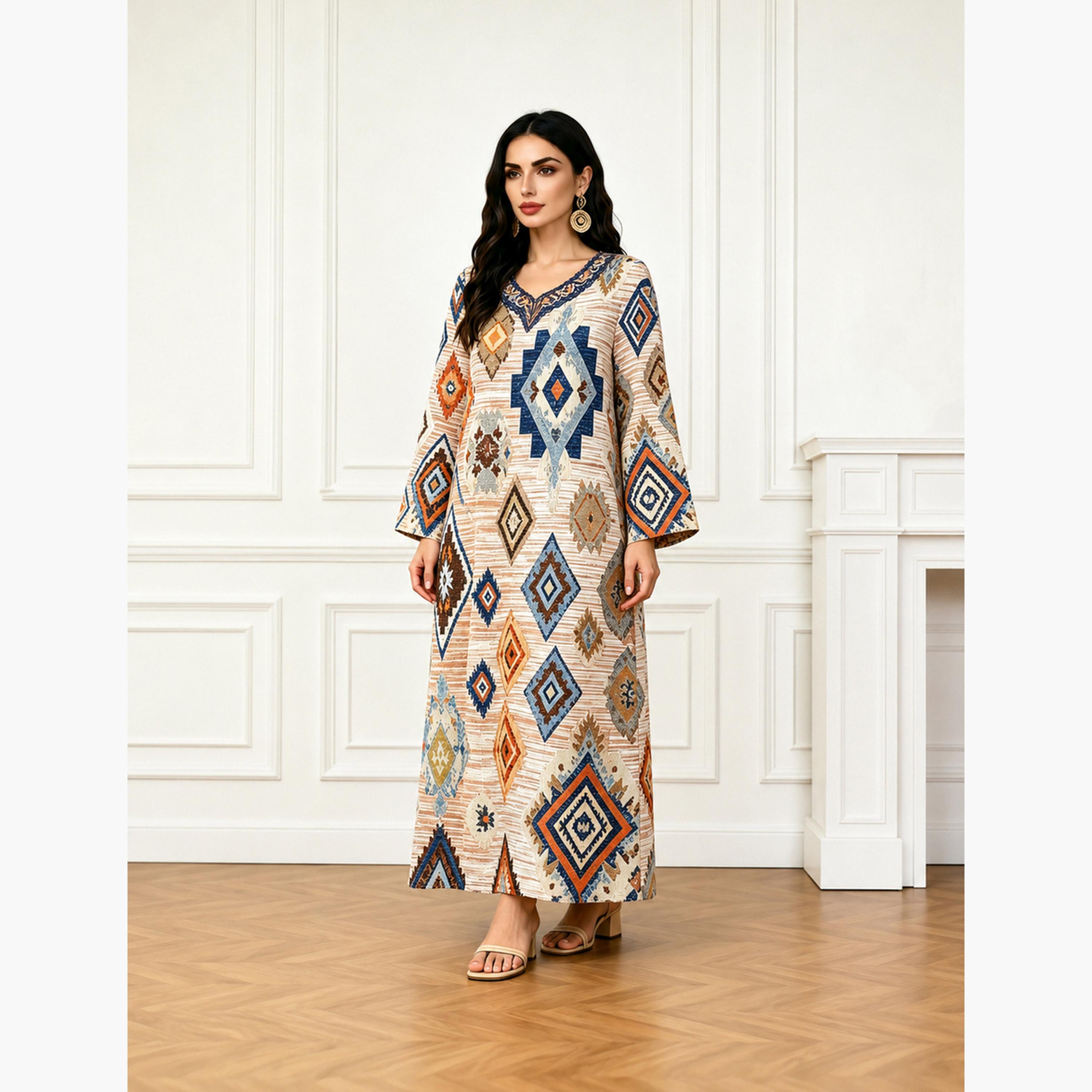 Take Two Brown V Neck Geometric Print Jalabiya-women-arabicclothing-jalabiyas-image-2