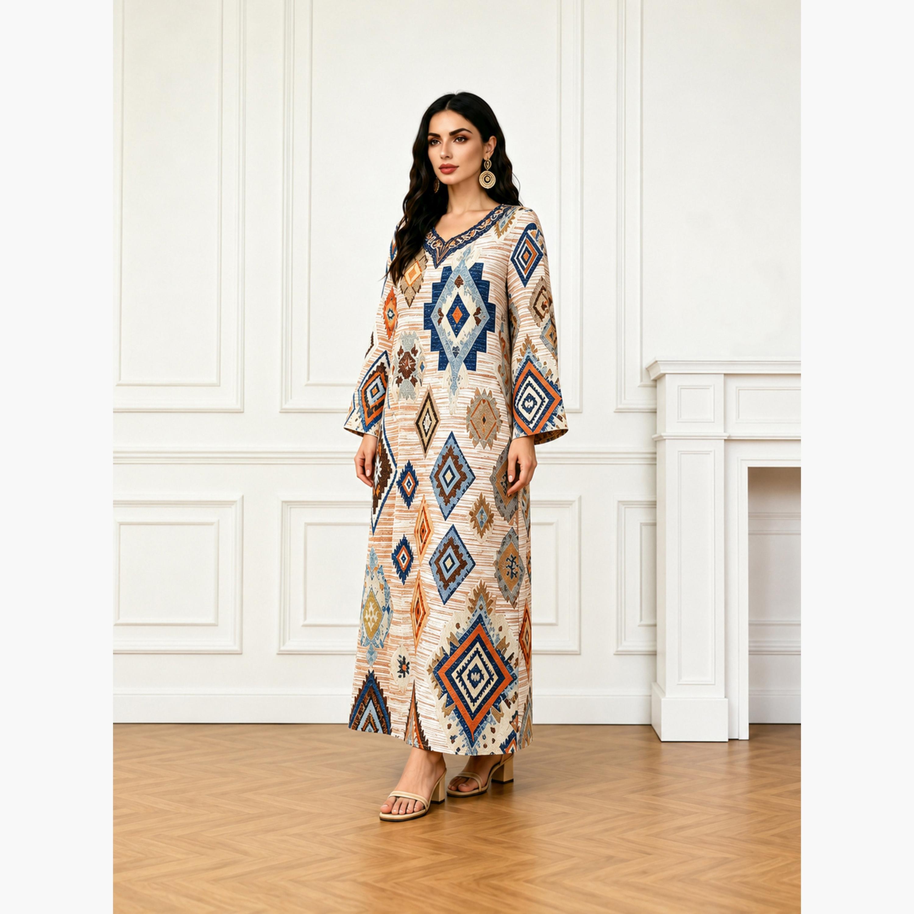 Take Two Brown V Neck Geometric Print Jalabiya-women-arabicclothing-jalabiyas-image-3