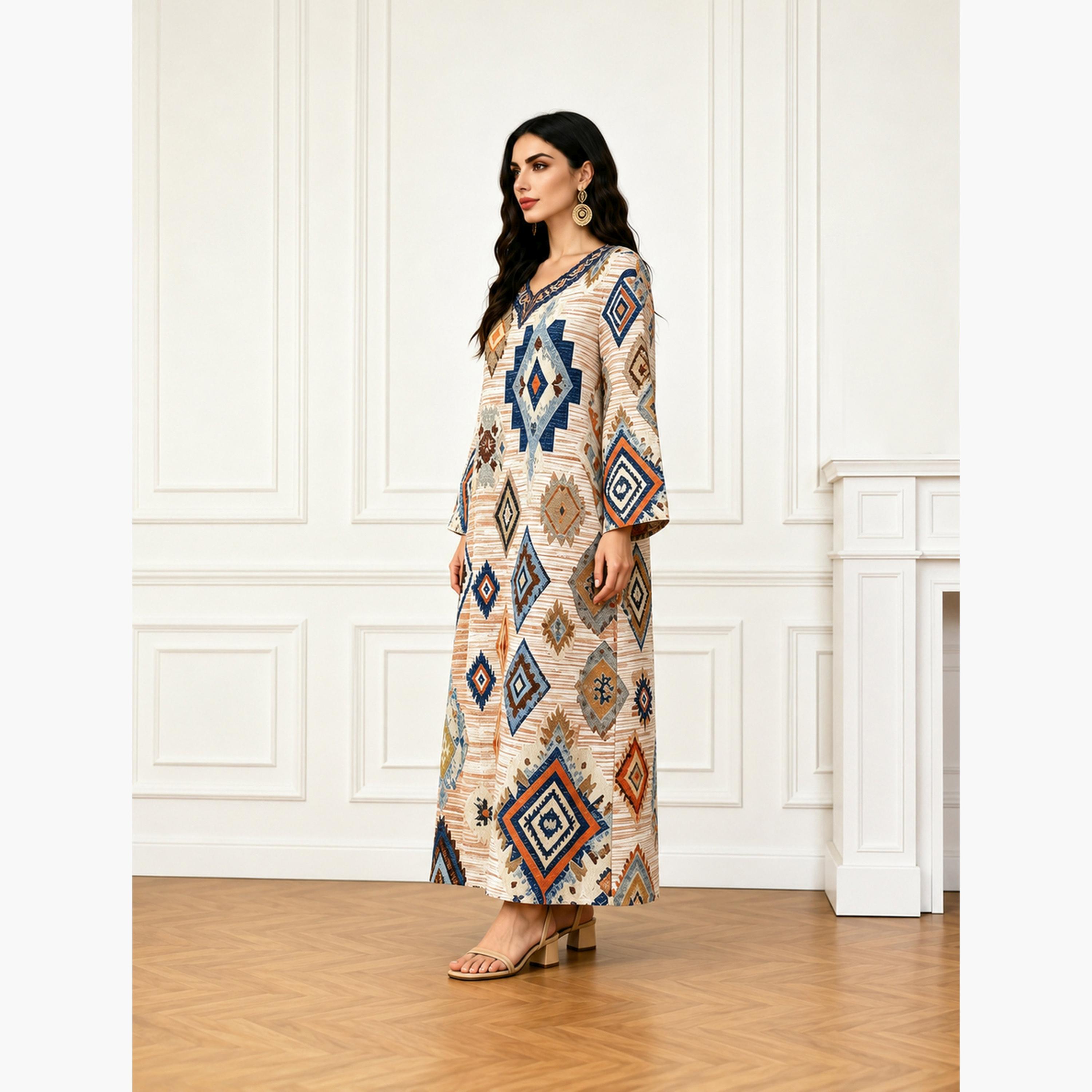 Take Two Brown V Neck Geometric Print Jalabiya-women-arabicclothing-jalabiyas-image-4