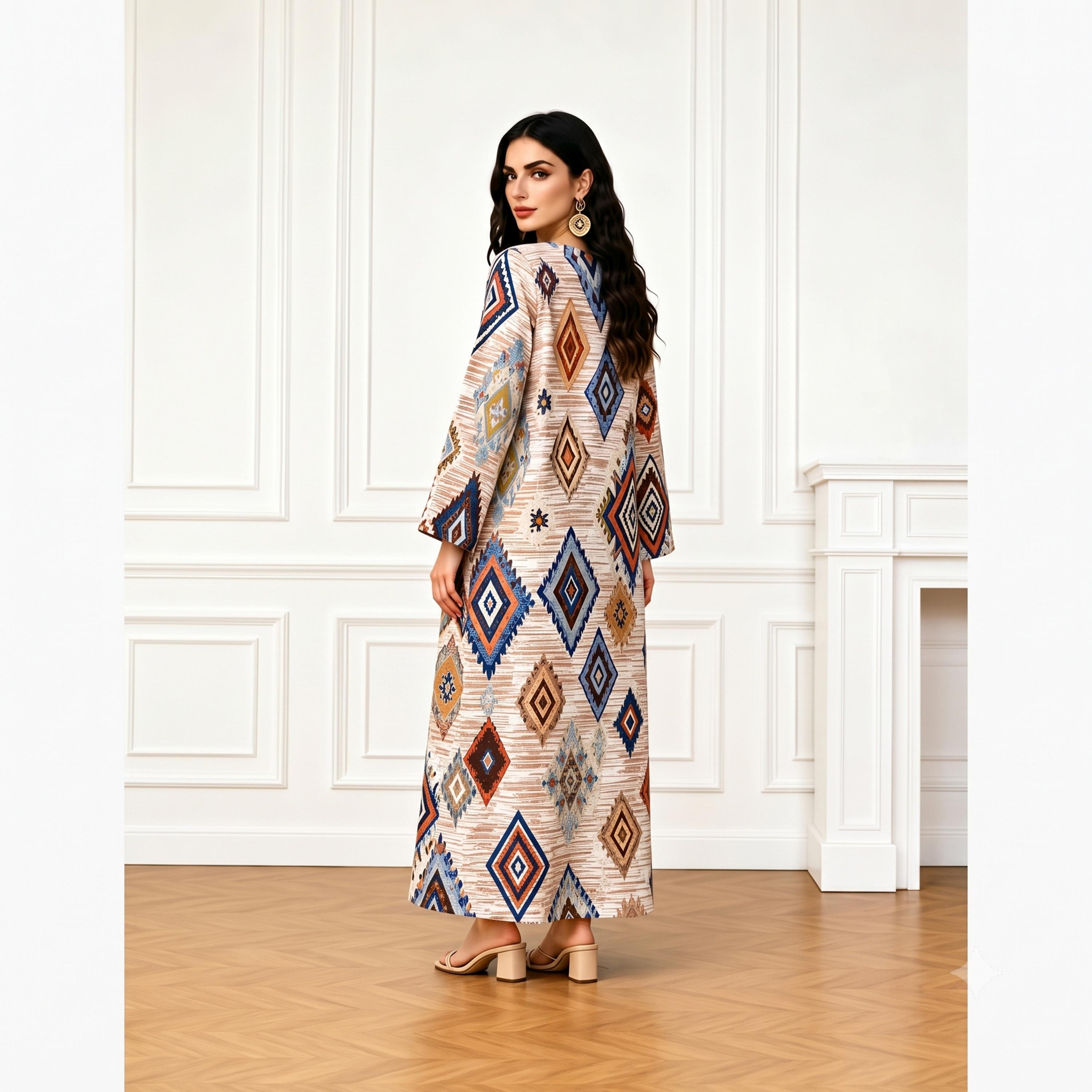 Take Two Brown V Neck Geometric Print Jalabiya-women-arabicclothing-jalabiyas-image-5
