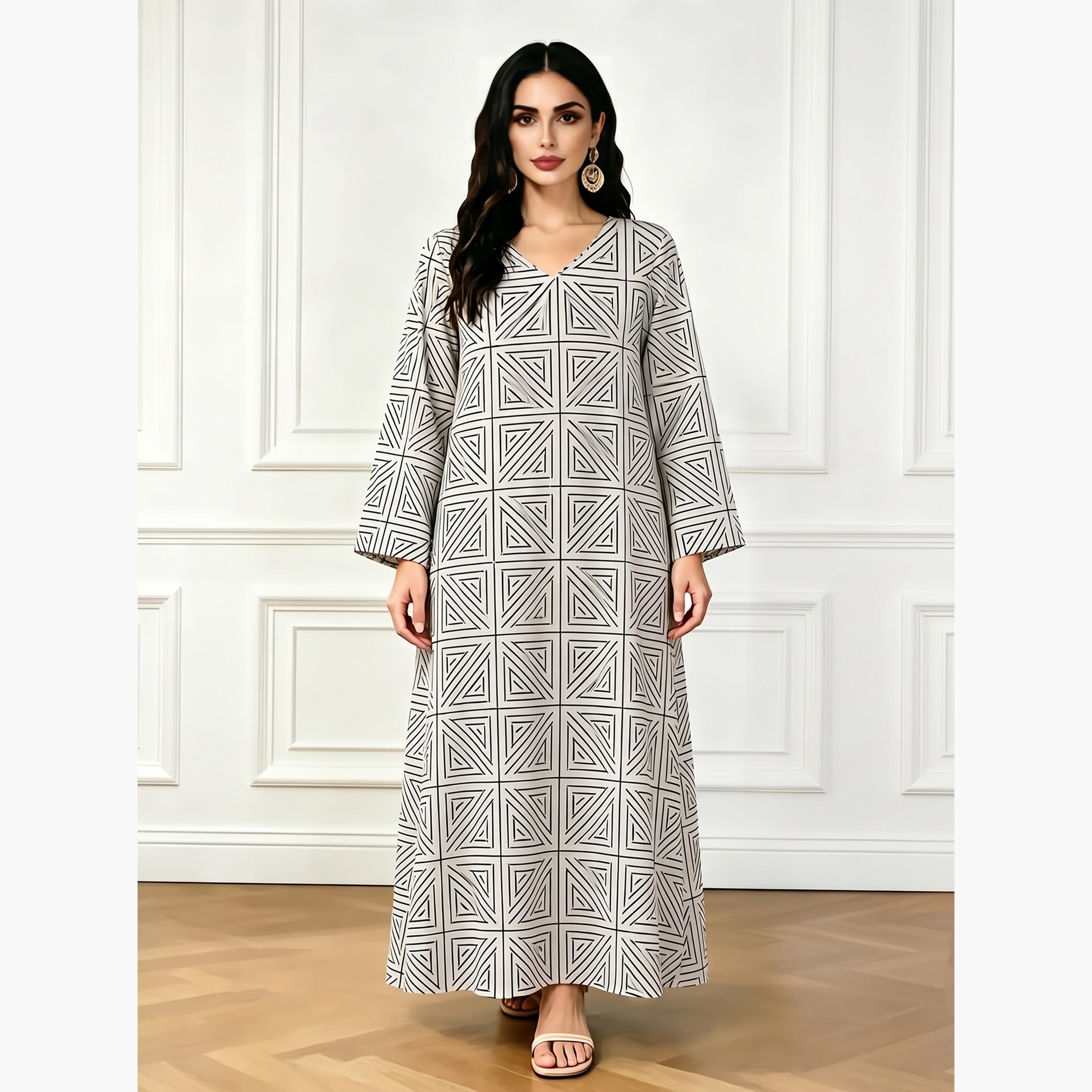 Take Two Grey V Neck Geometric Print Jalabiya-women-arabicclothing-jalabiyas-image-1