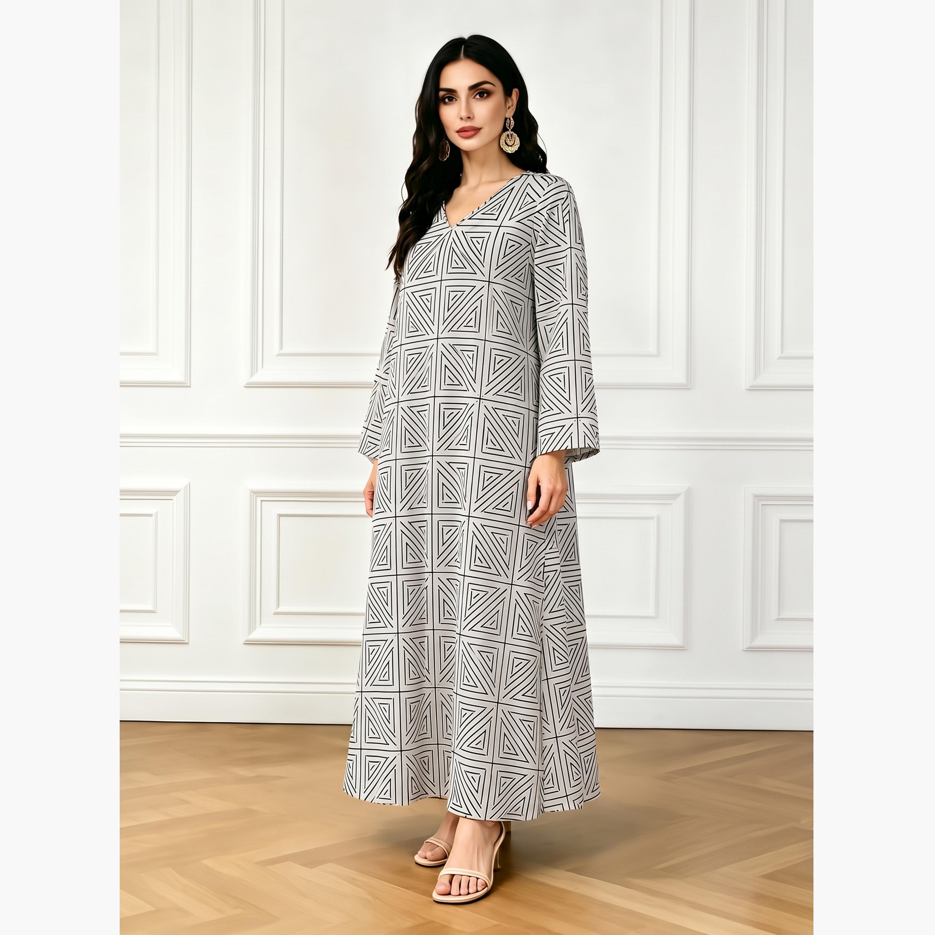 Take Two Grey V Neck Geometric Print Jalabiya-women-arabicclothing-jalabiyas-image-2
