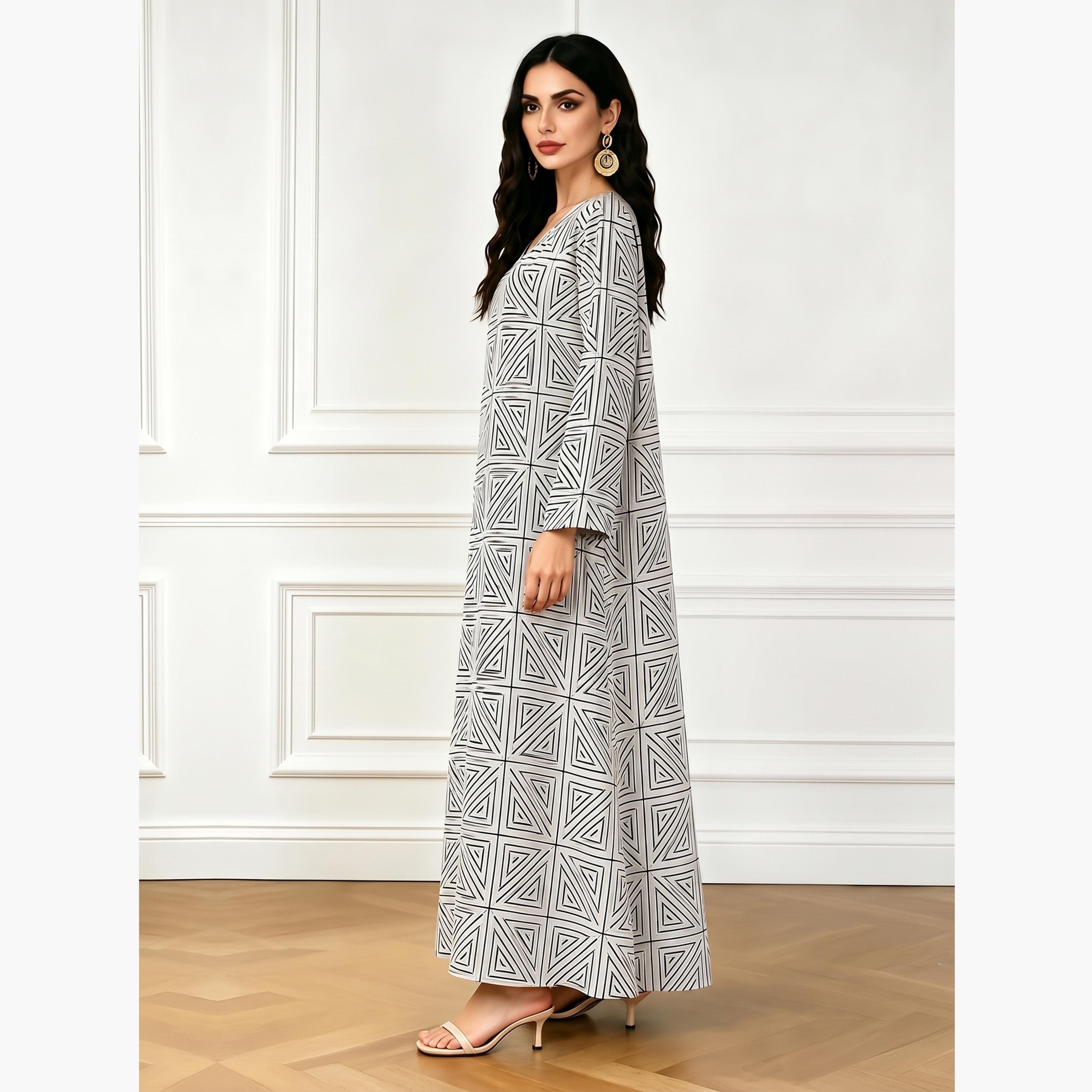 Take Two Grey V Neck Geometric Print Jalabiya-women-arabicclothing-jalabiyas-image-3
